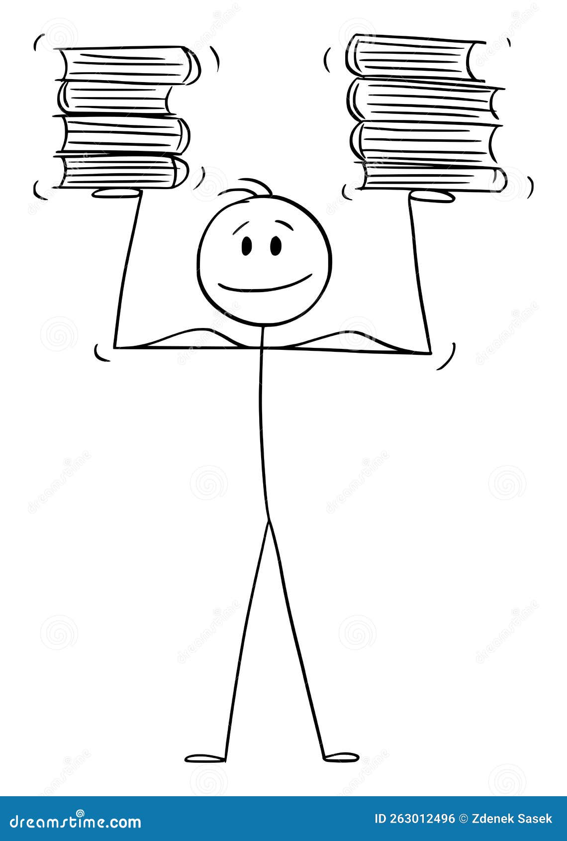 strong person holding books,  cartoon stick figure 