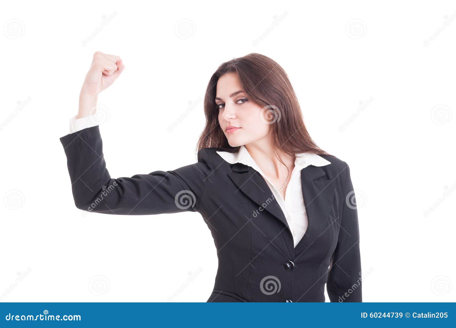 Portrait Of Pretty Feminist Woman Shows Her Muscular Arms Proud