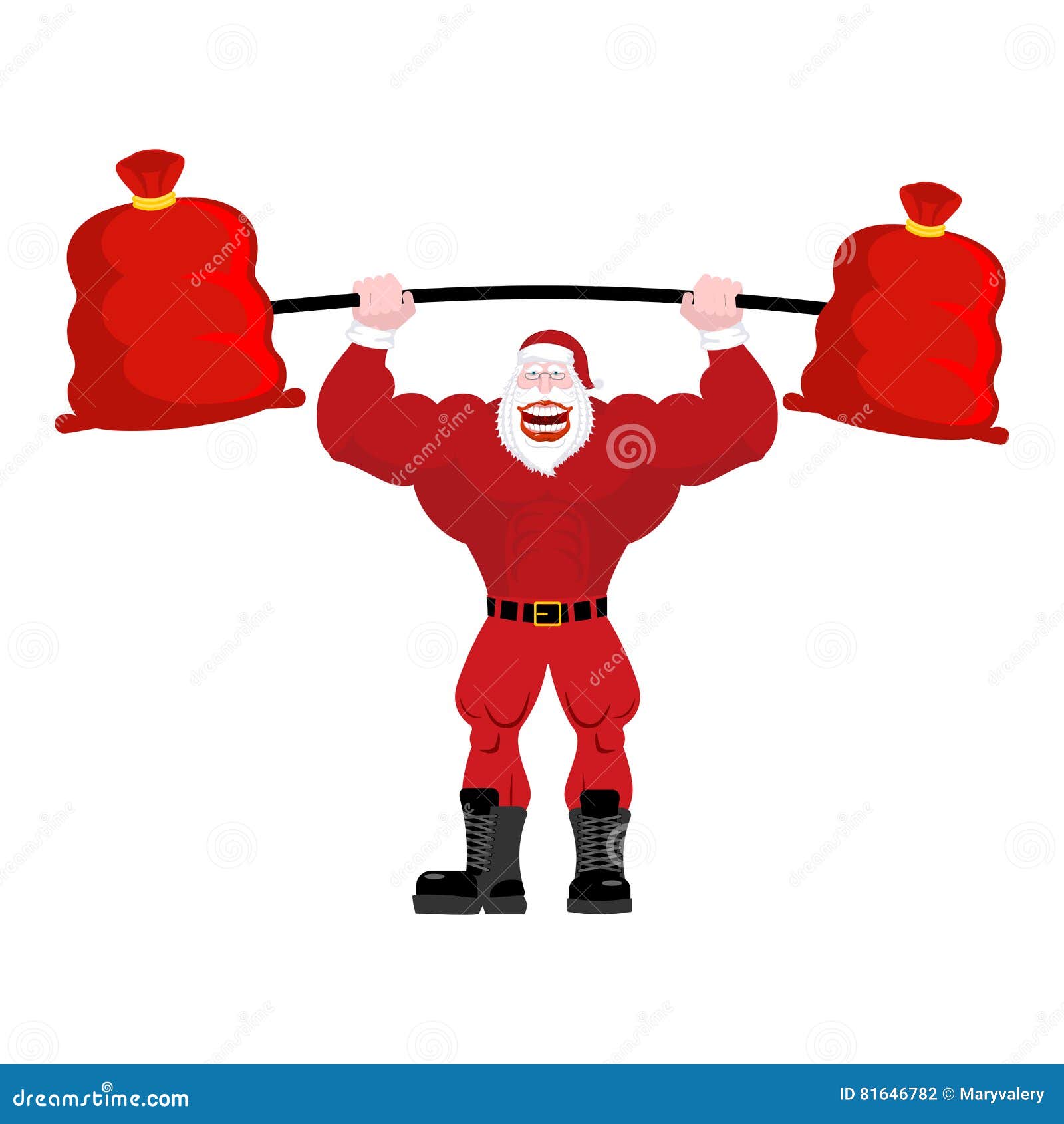 Strong Santa Claus Lift Barbell of Red Bag Gifts. Powerful Old M