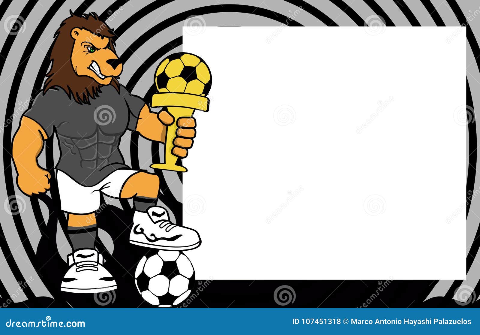 strong sporty lion futbol soccer player cartoon picture frame background