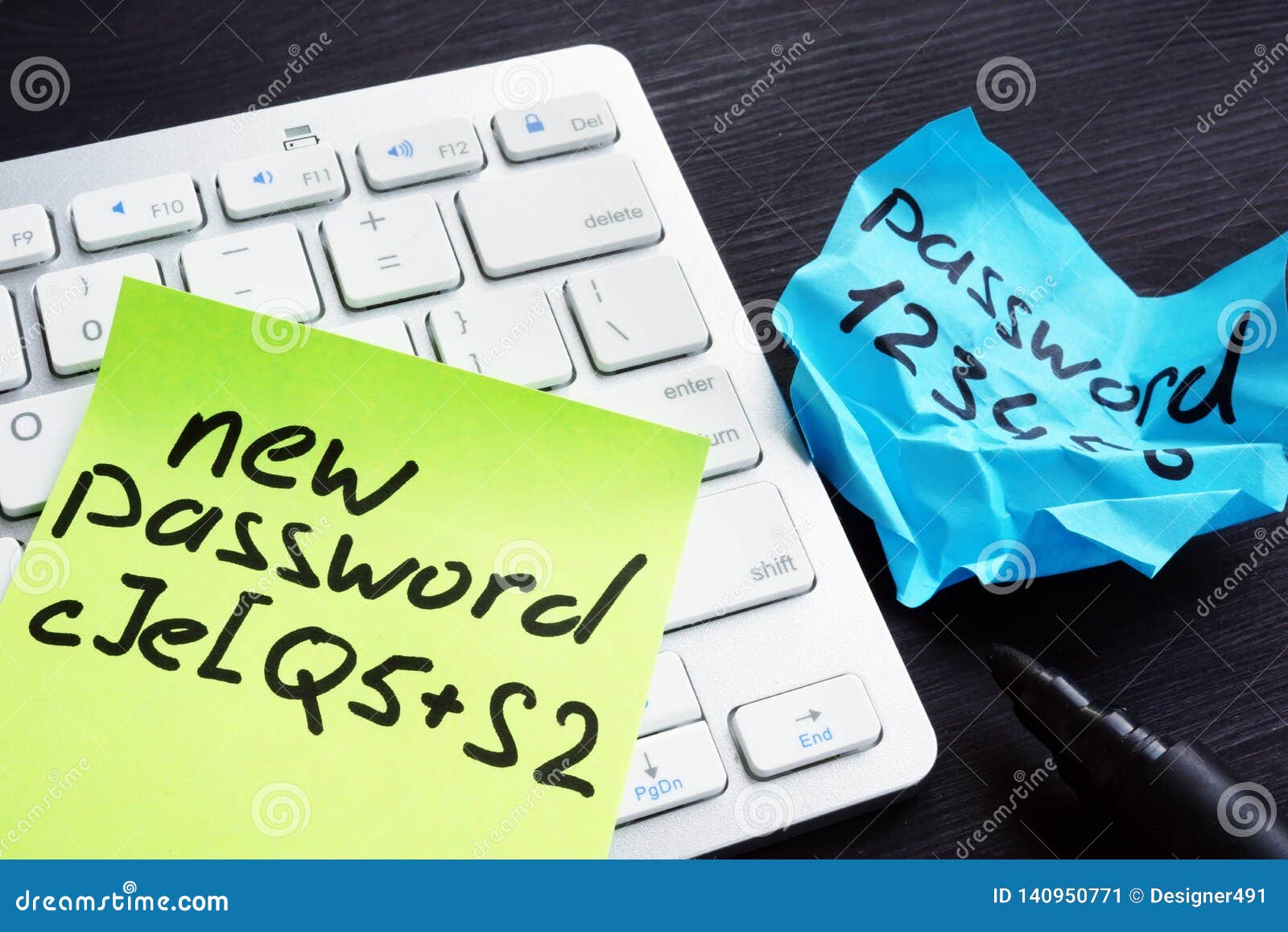 strong and weak password on pieces of paper. password security and protection