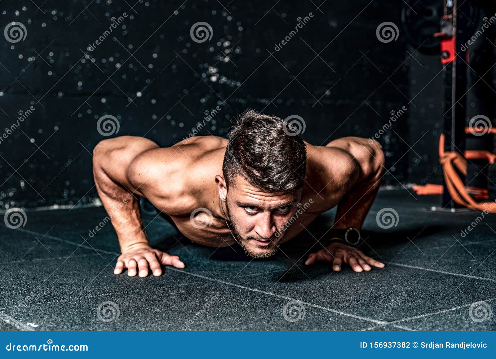 Strong Young Toned Muscular Fitness Man Push Ups Workout Training