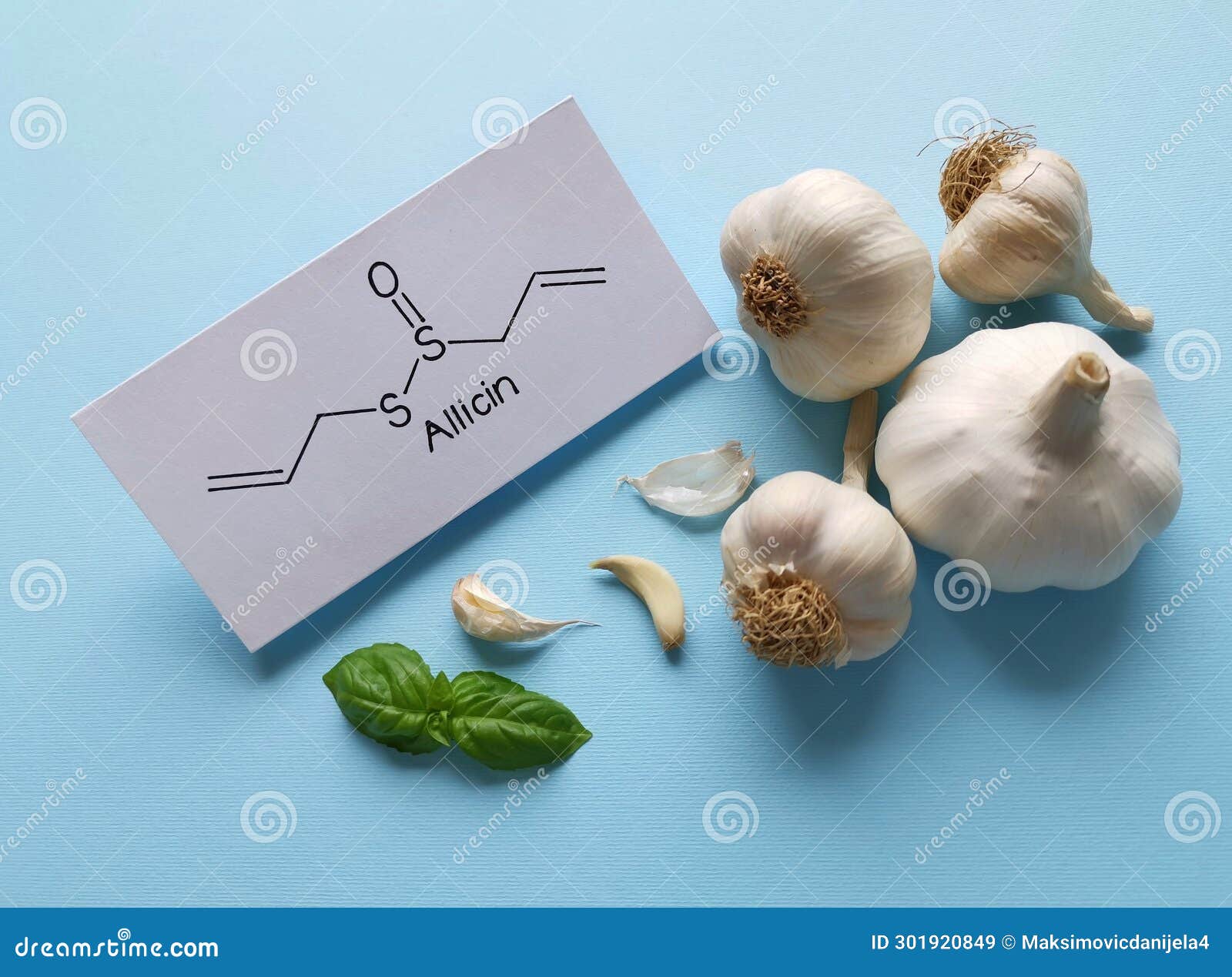 Structural Chemical Formula of Allicin Molecule with Raw Garlic. Health