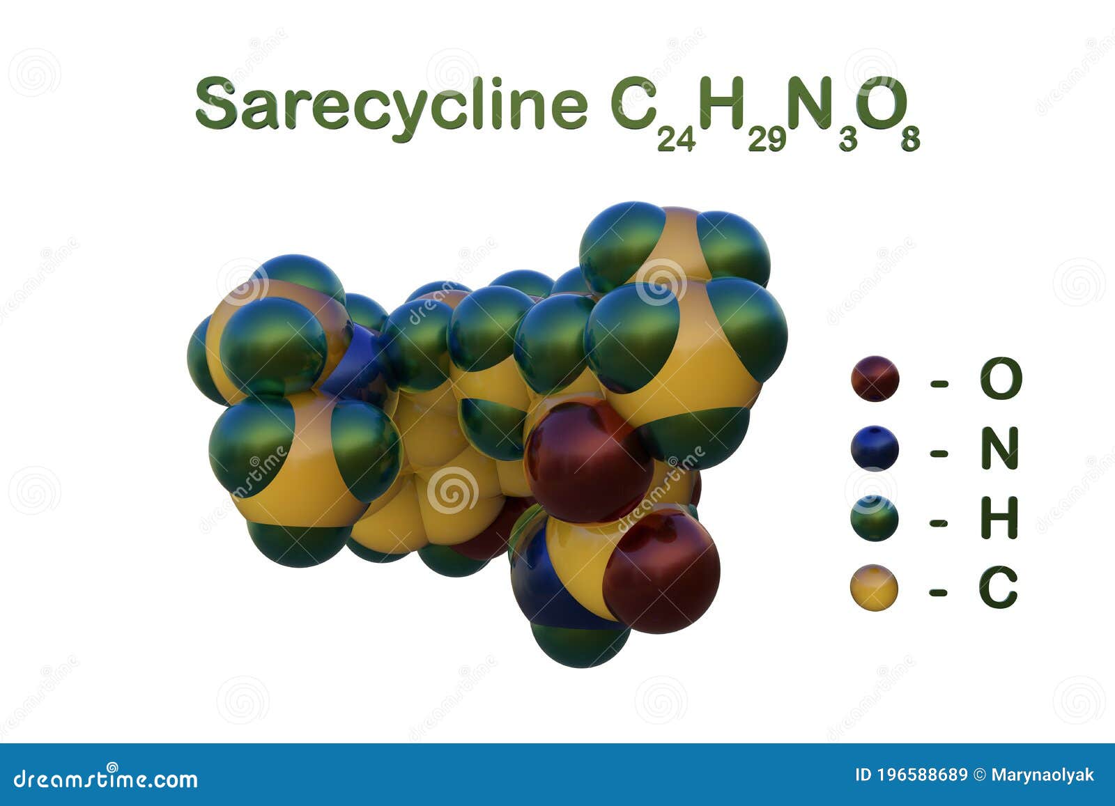 structural chemical formula and space-filling molecular model of sarecycline, a narrow spectrum tetracycline antibiotic