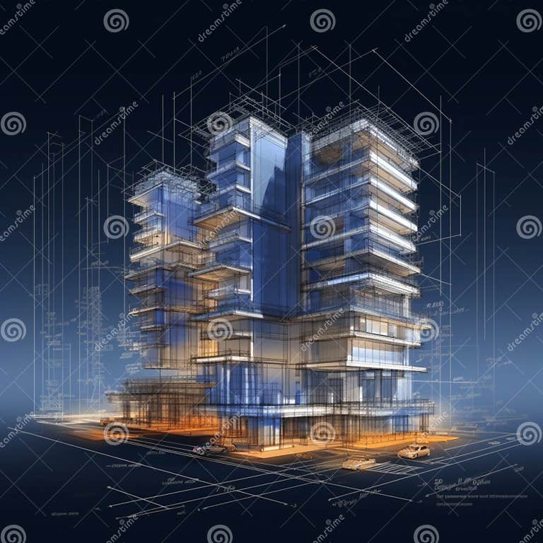 Structural Elegance 3D Wireframe Construction Sketch, Building
