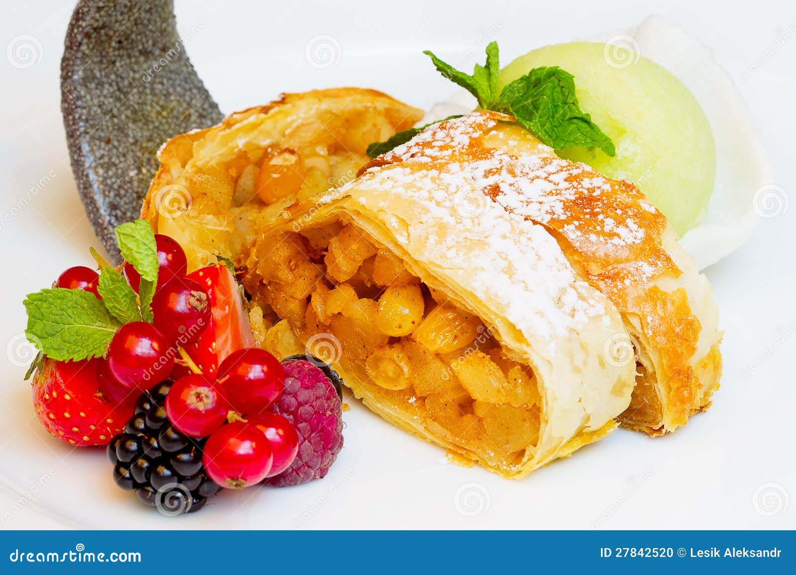Strudel with Raisins, Fresh Berries and Ice Cream Stock Photo Image of cook, sweet 27842520