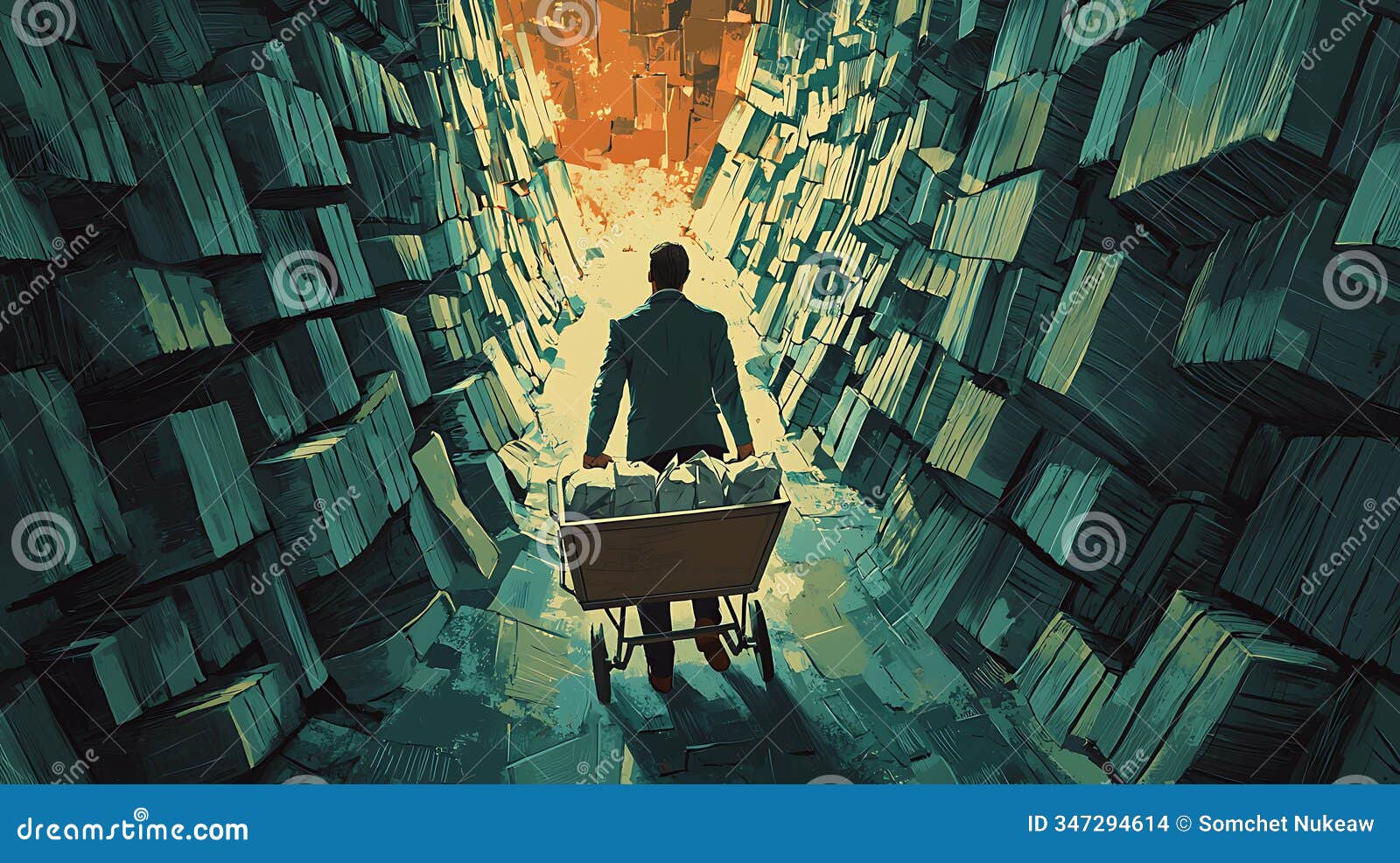struggling businessman navigates a maze of challenges with a wheelbarrow full of burdens in a dimly lit environment of