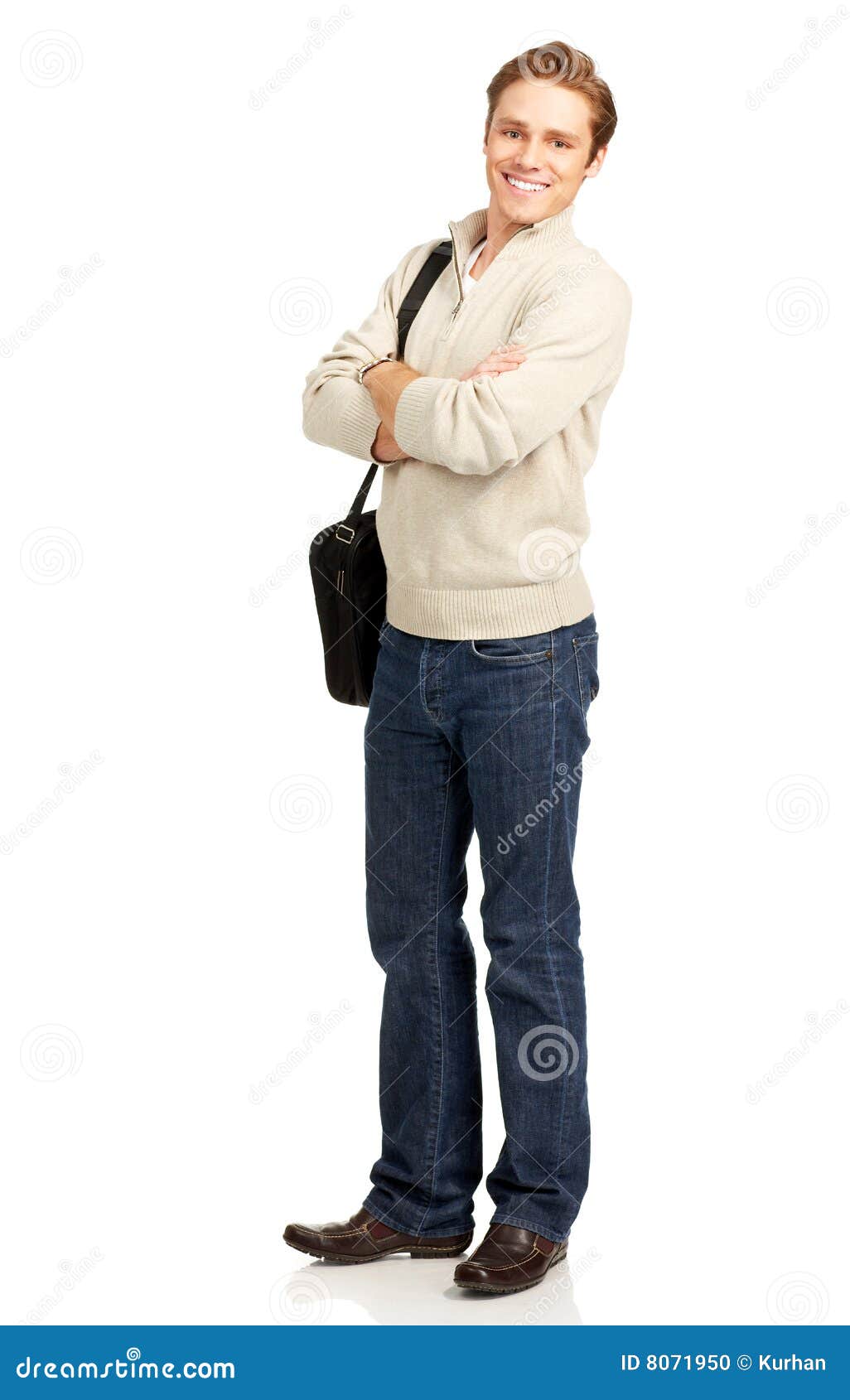 Young smiling student with a bag. Over white background