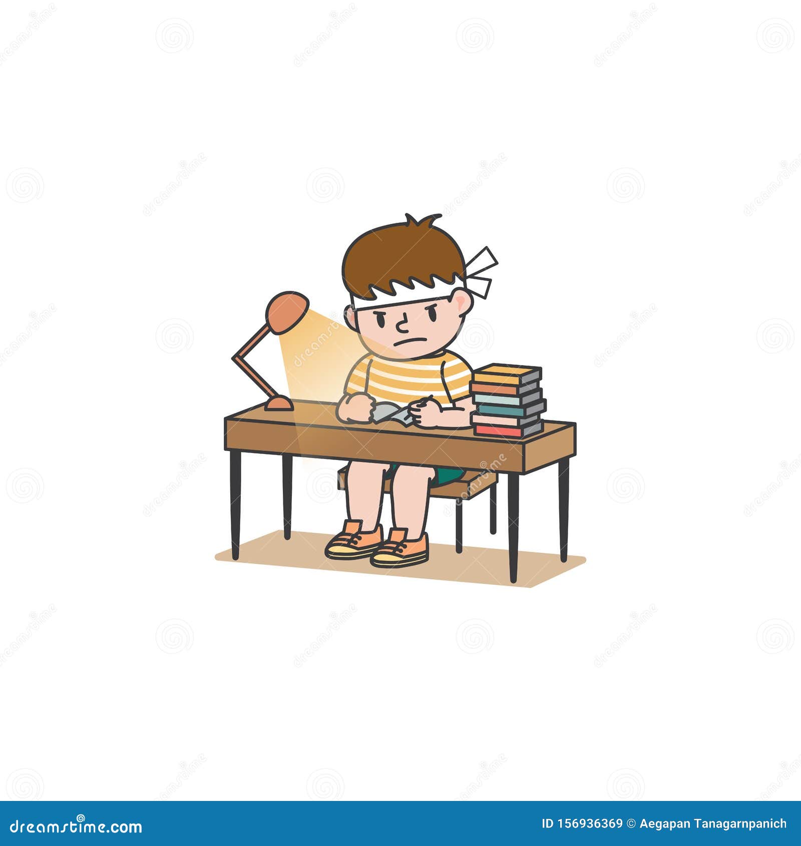 the student boy has studied hard and seriously and pile books and lamp on the desk   on white background.