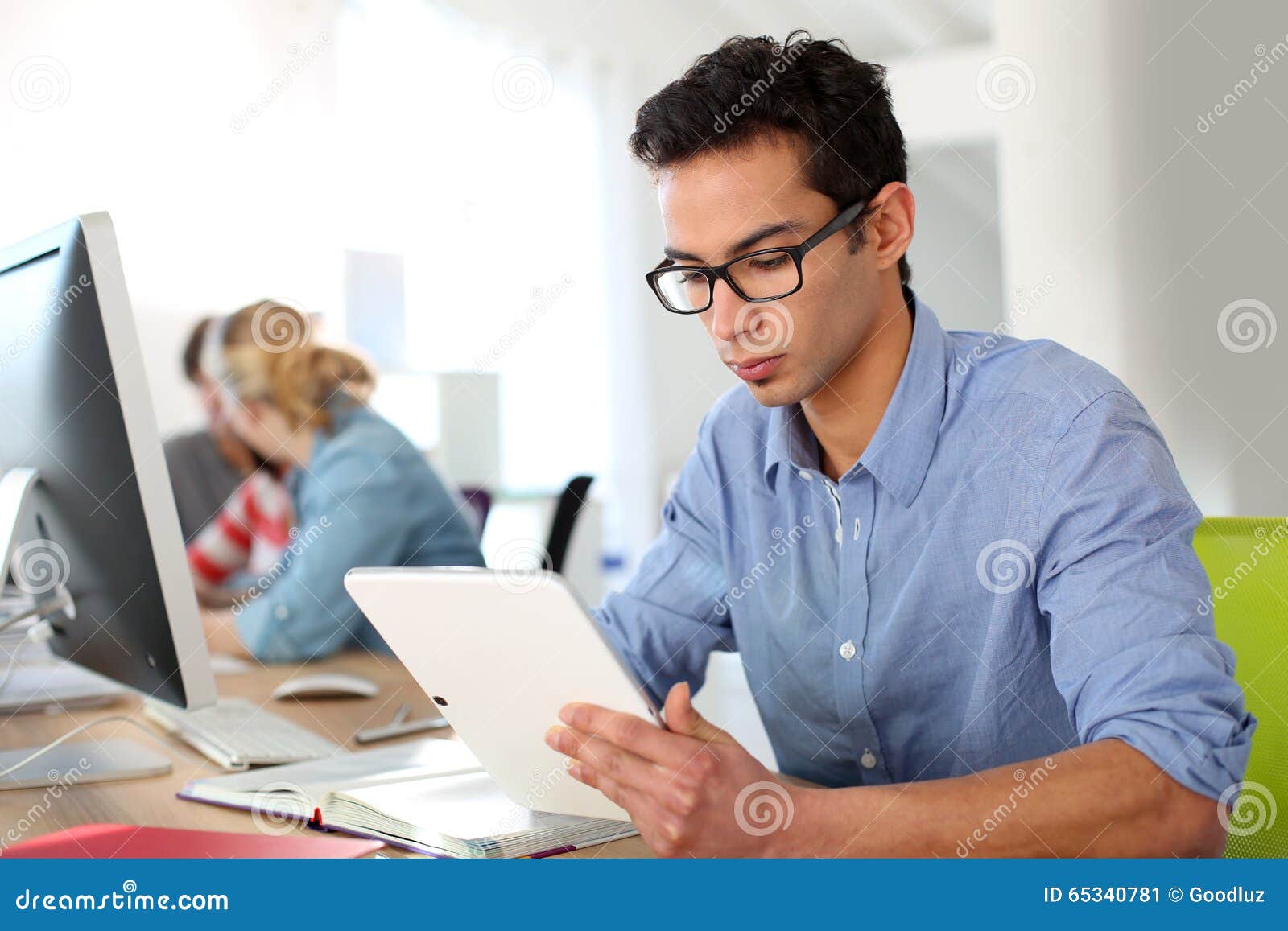 Student in Classroom Using Tablet Stock Image Image of background