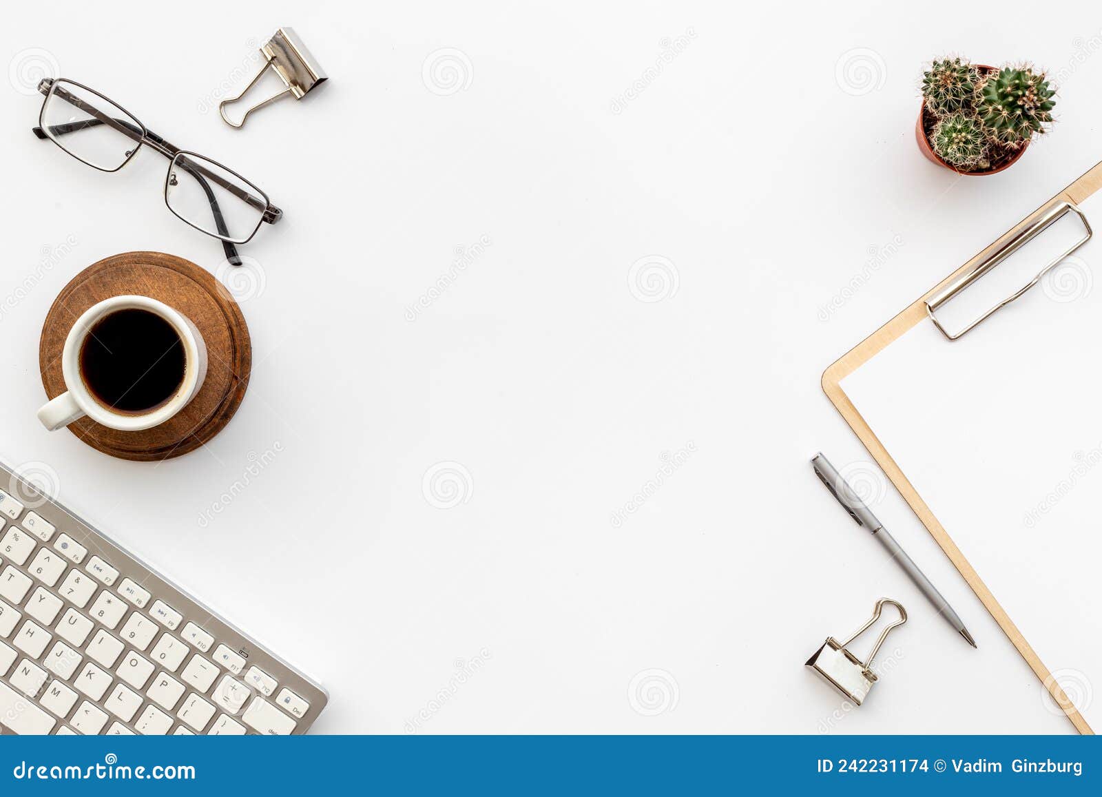 Student Desk Top View with Computer and Clipboard Stock Photo Image