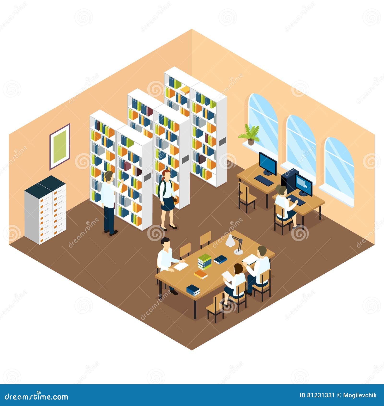 Download Student Library Isometric Design Stock Vector - Illustration of bookshelf, arched: 81231331