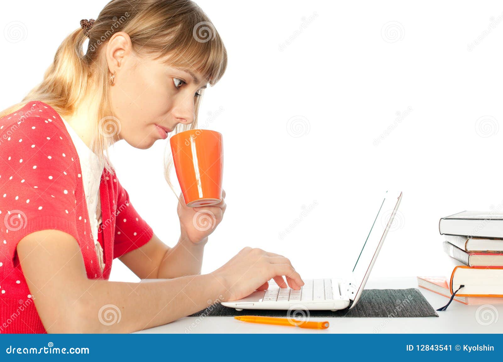 Student with notebok. Young student girl working on her laptop computer