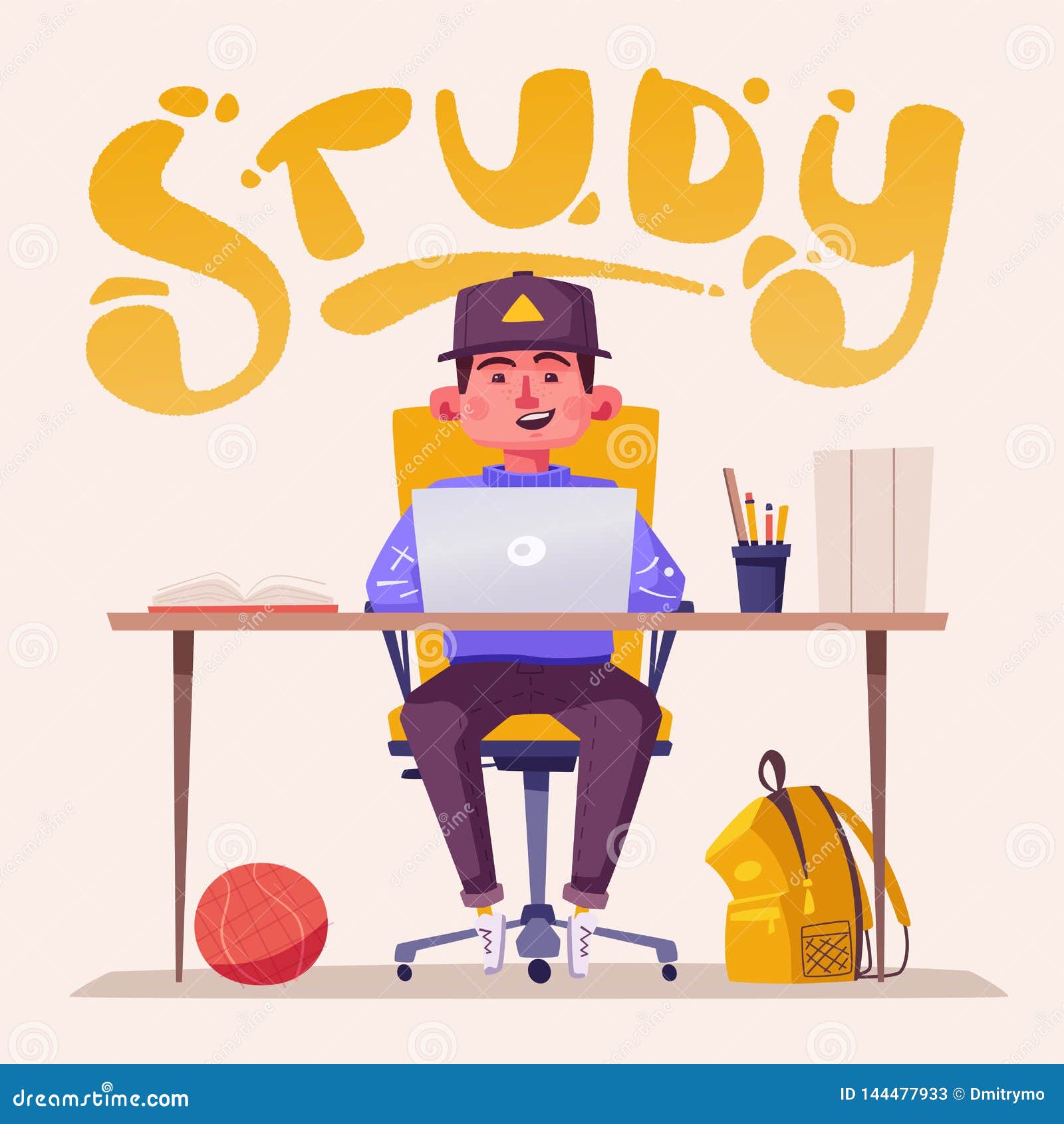 Student or Schoolboy Studying at the Computer. Cartoon Vector Illustration  Stock Vector - Illustration of funny, isolated: 144477933