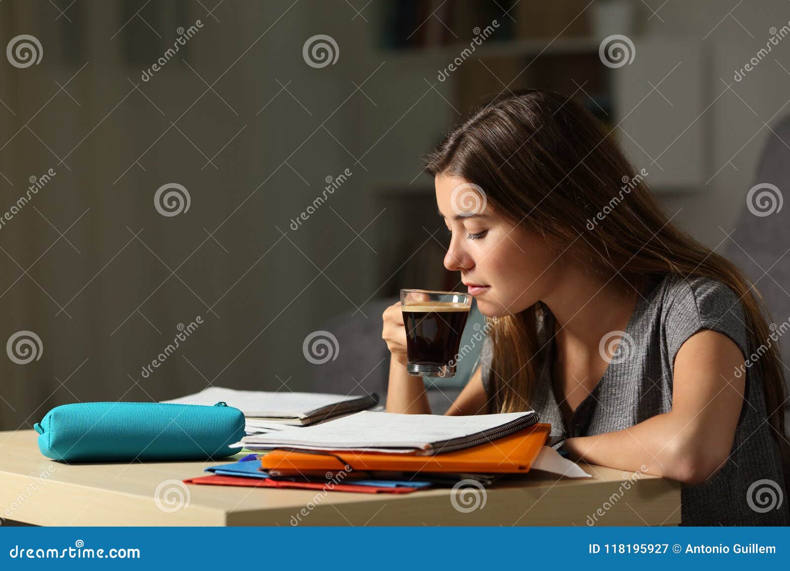 Student Studying Drinking Coffee Late Hous Stock Image Image of
