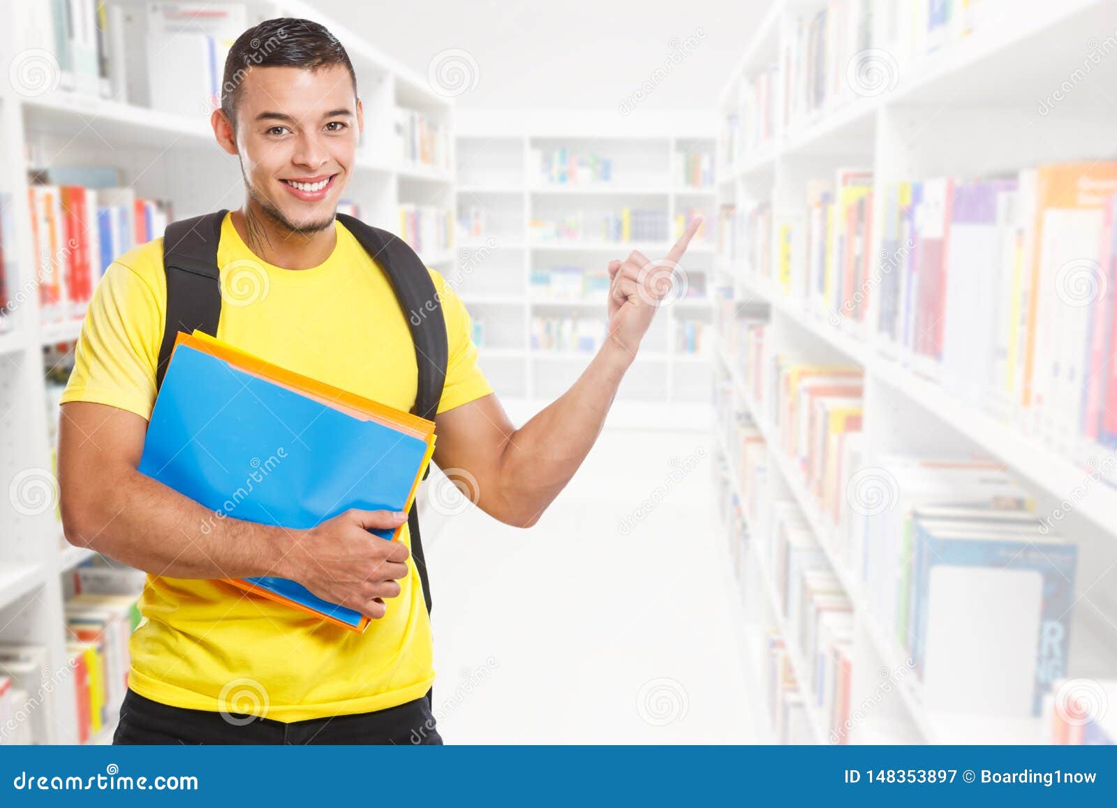 student young man education showing pointing copyspace copy space library marketing information ad advert people