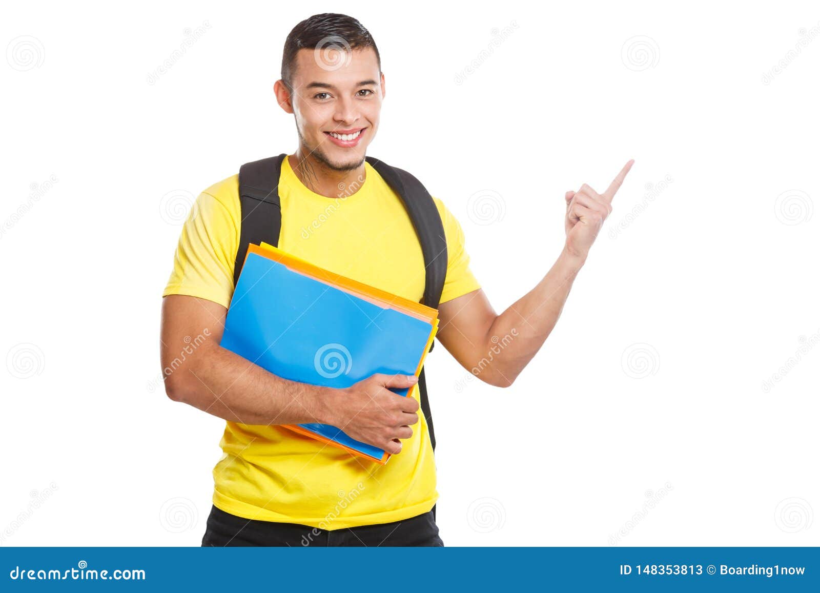 student young man education showing pointing marketing information ad advert people  on white