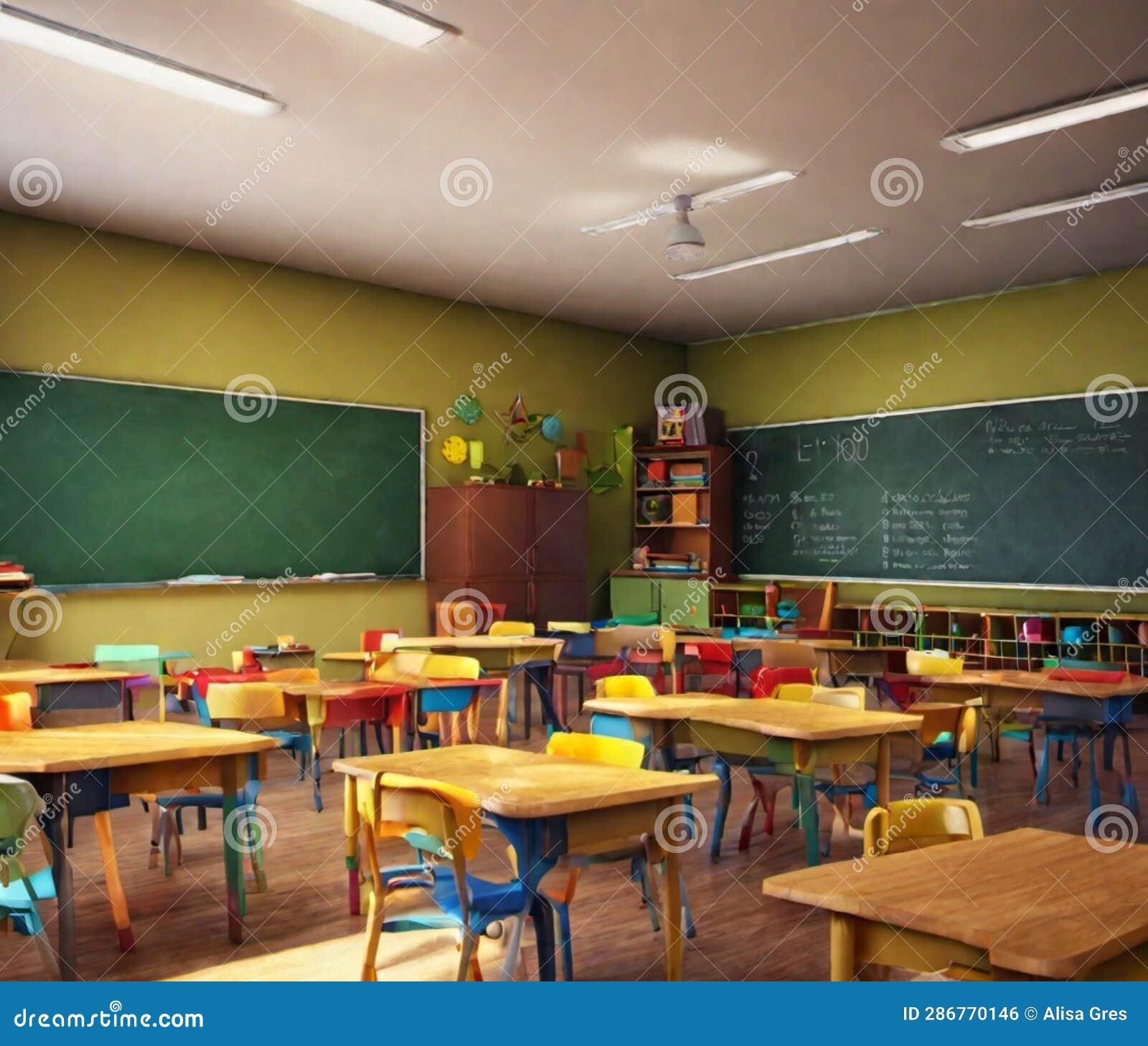 Students Desks and Blackboards in Empty Classroom Stock Illustration