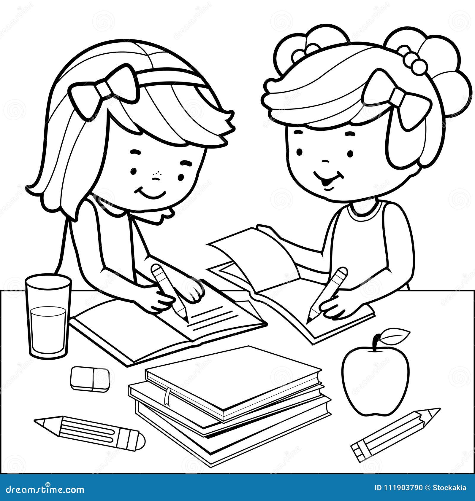 Students Doing Homework Black And White Coloring Book Page Stock