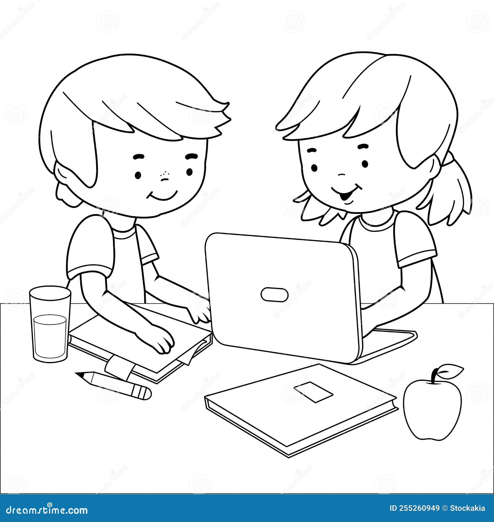 Students Doing Homework Using A Computer. Vector Black And White