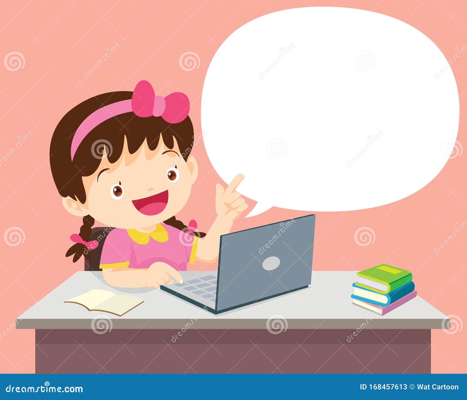 Students Girl Sitting with Laptop and Talking with Speech Bubble Stock