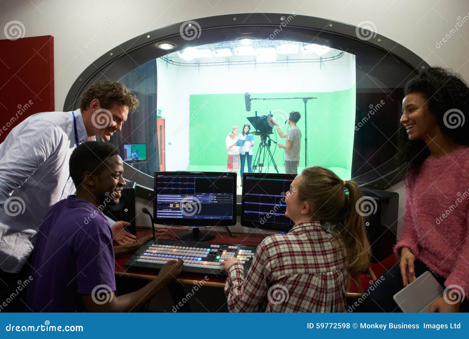students on media studies course in tv editing suite