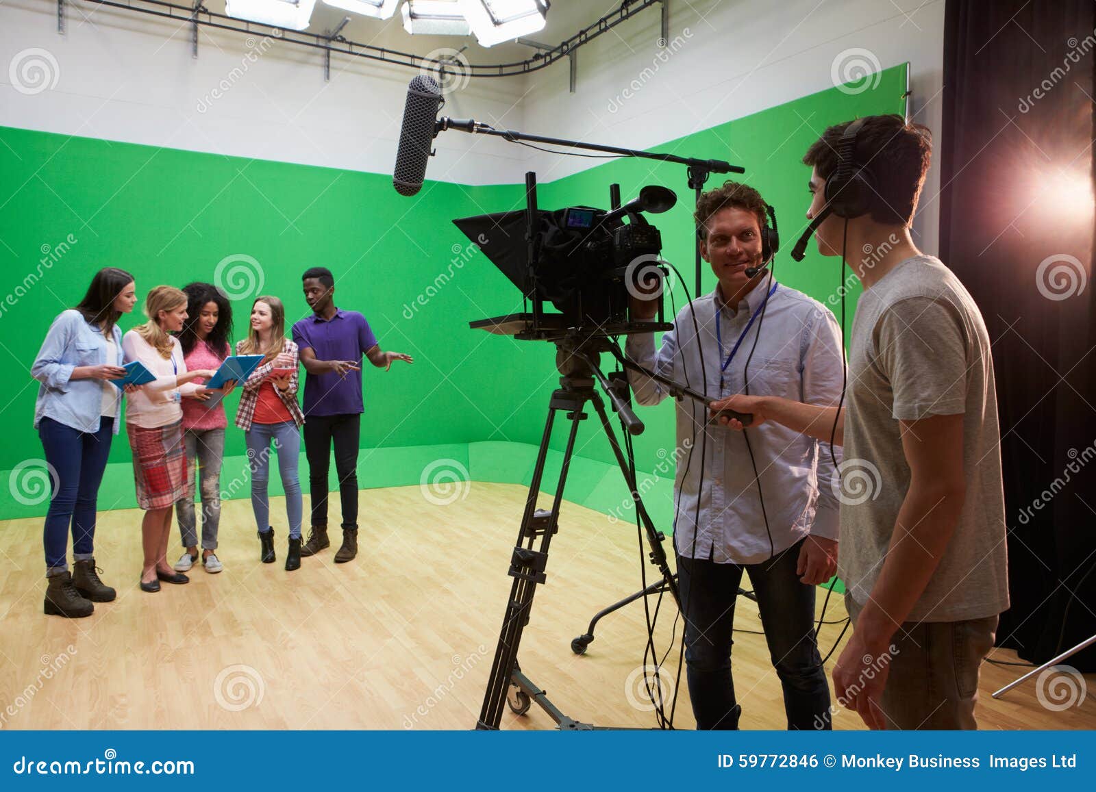 students on media studies course in tv studio