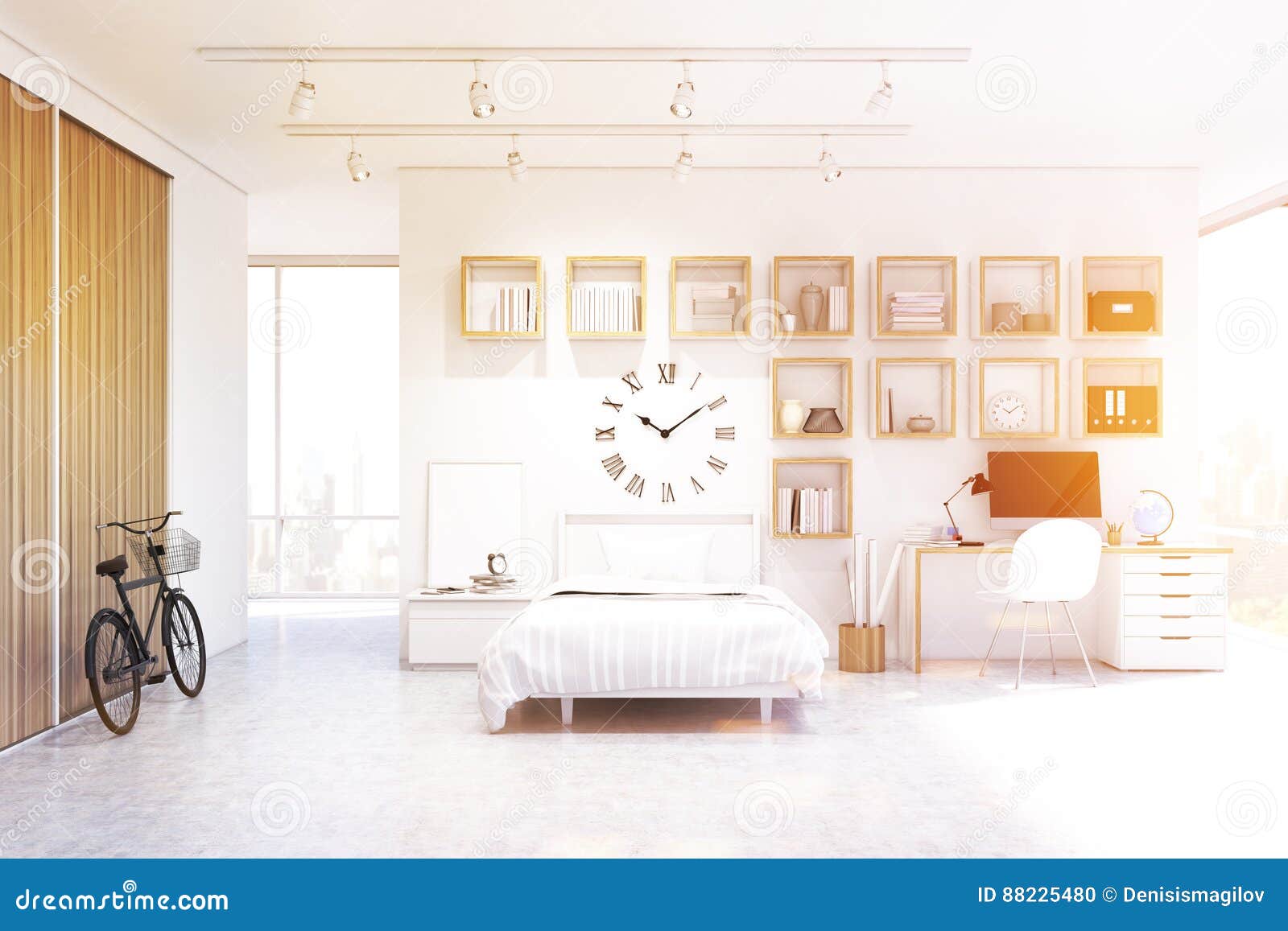 Studio Apartment With Bed Clock And Bike Toned Stock