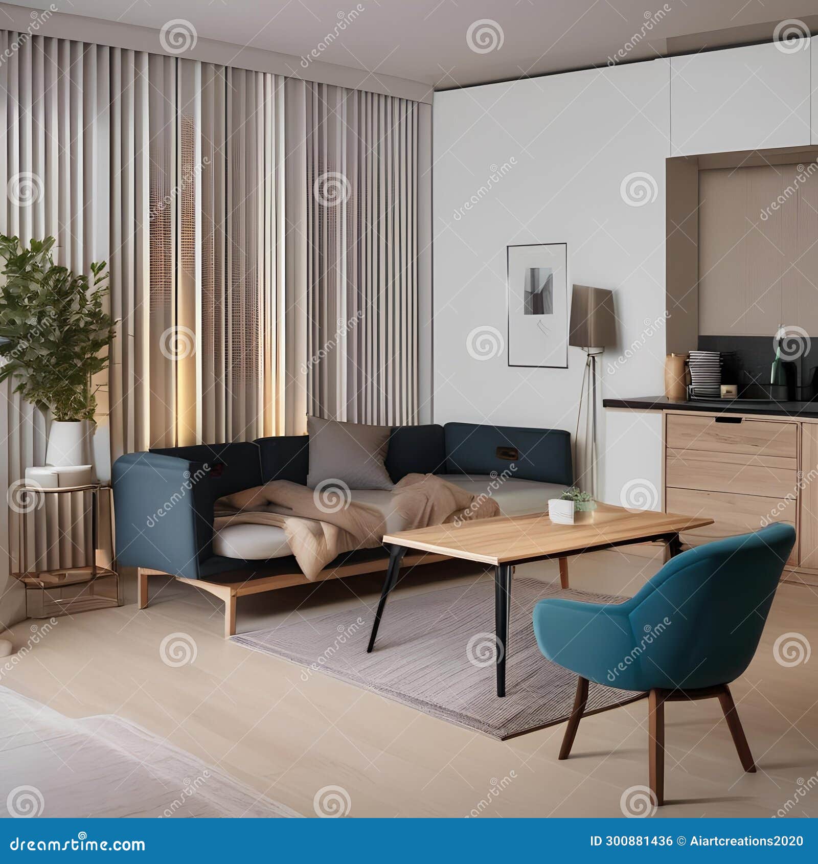 a studio apartment featuring adaptable, transformable furniture for optimized living spaces2