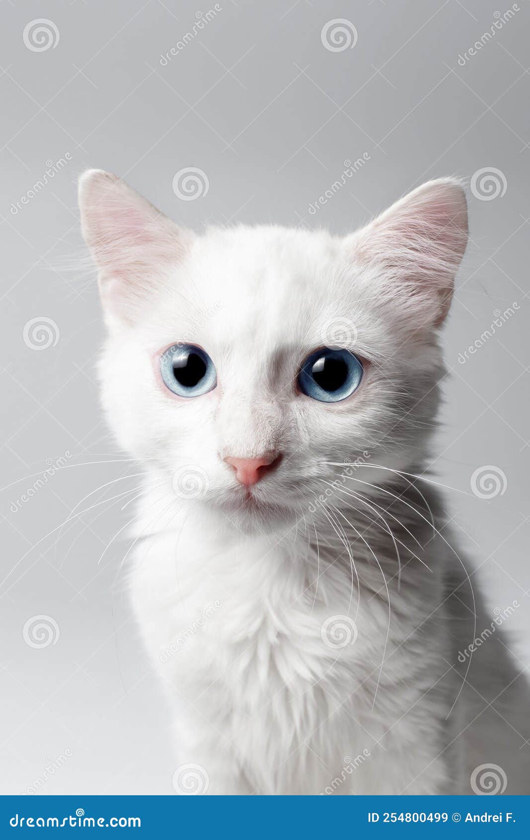 Studio Closeup Portrait of White Kitten with Blue Eyes on White