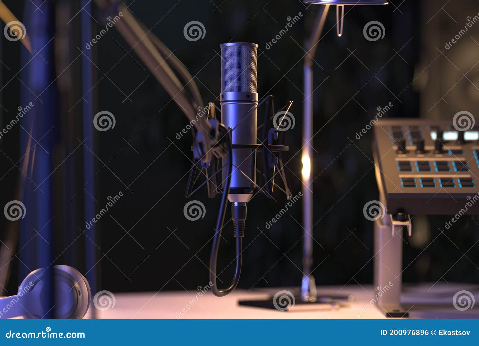 Studio Computer Music Station Set Up. Microphone and Professional Audio Mixing Console 3d