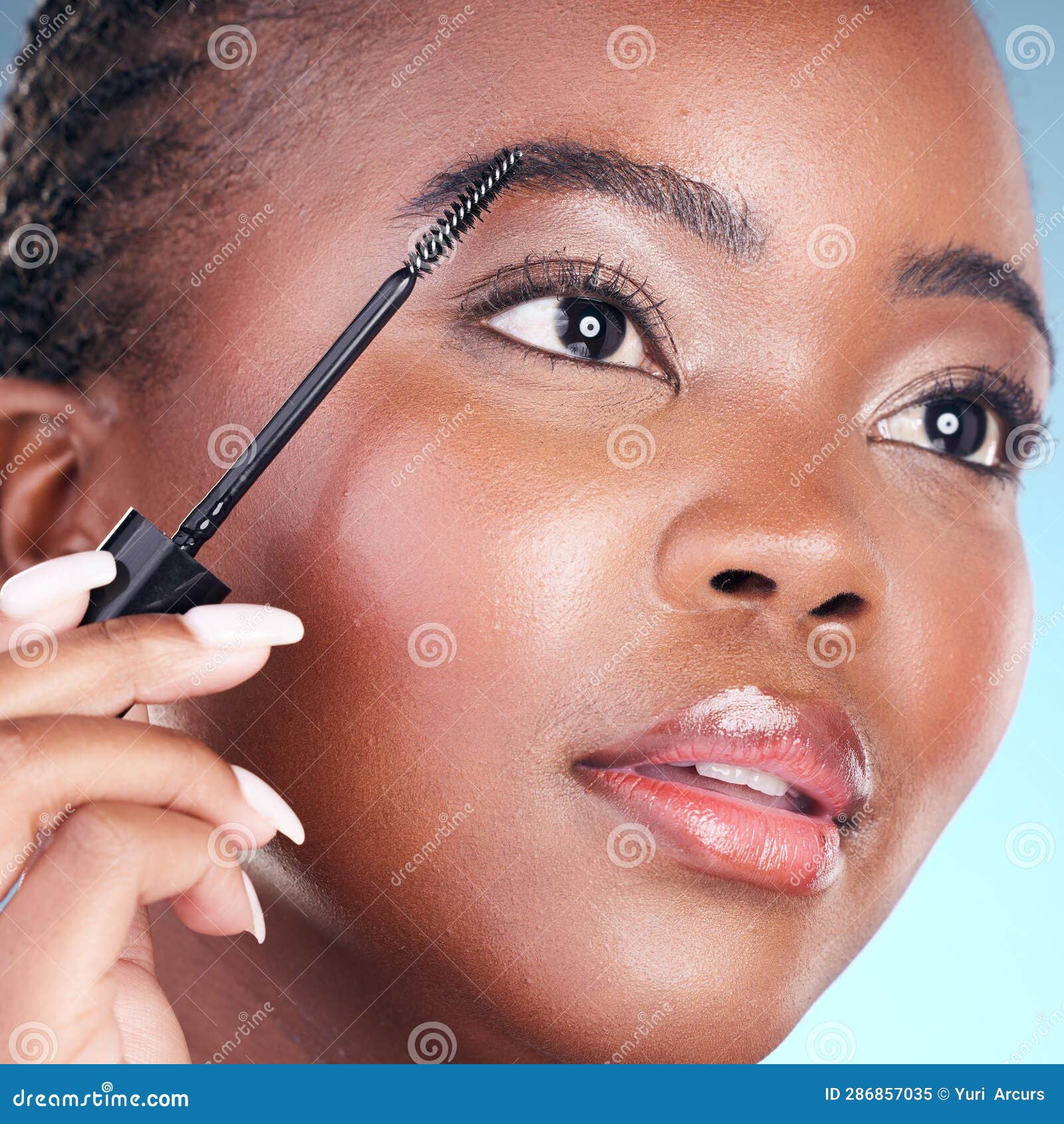 studio face, black woman and eyebrow mascara, product or cosmetology tools for facial cosmetics application. beauty