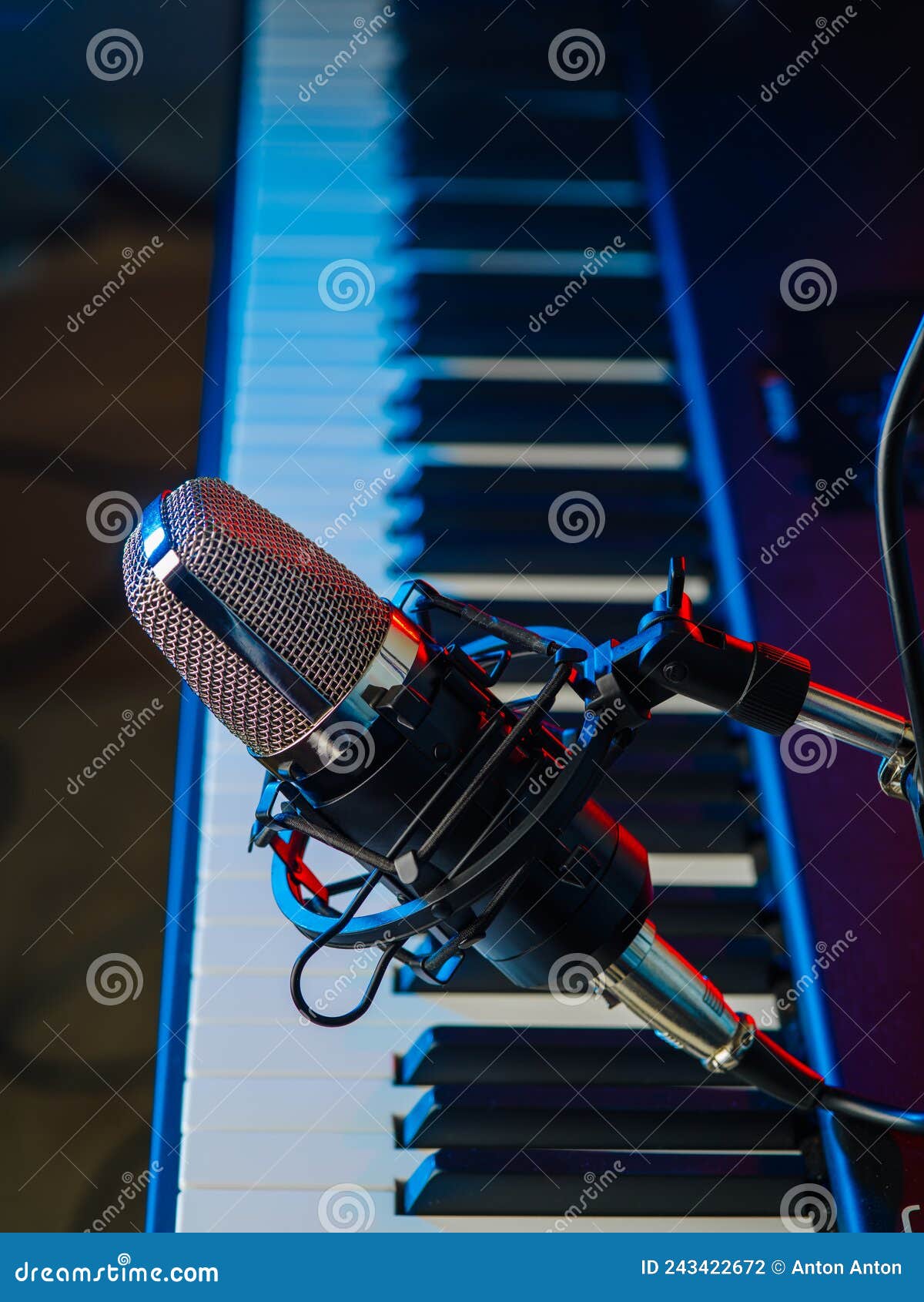Studio Microphone on the Background of a Piano Keyboard. the Concept of