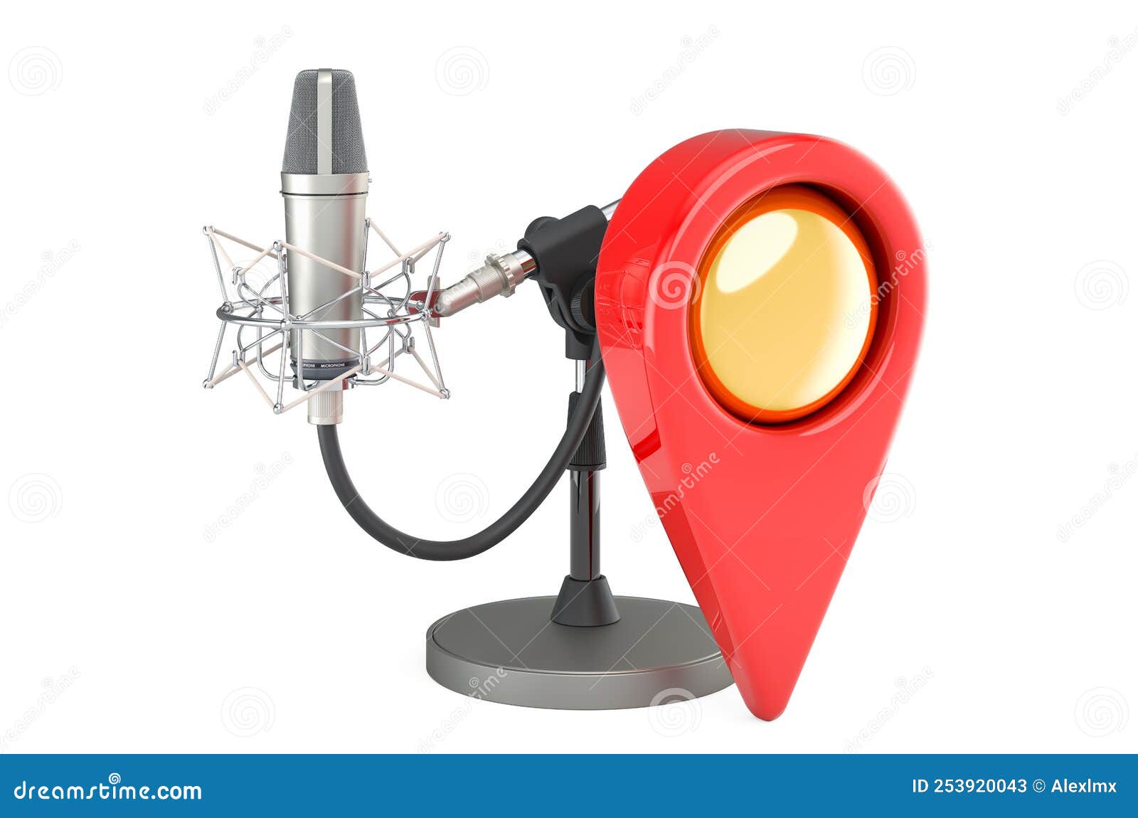 Studio Microphone with Map Pointer. 3D Rendering Stock Illustration