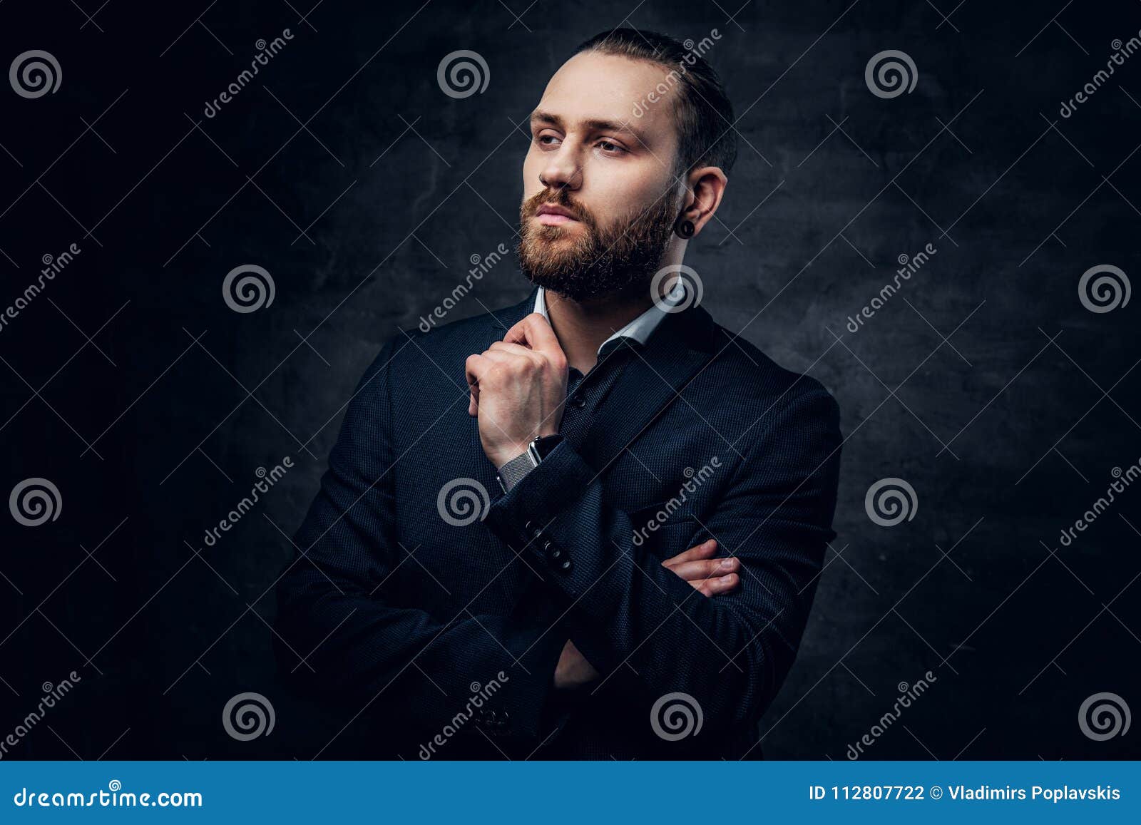 Bearded Male Dressed in a Blue Jacket Over Grey Vignette Background ...