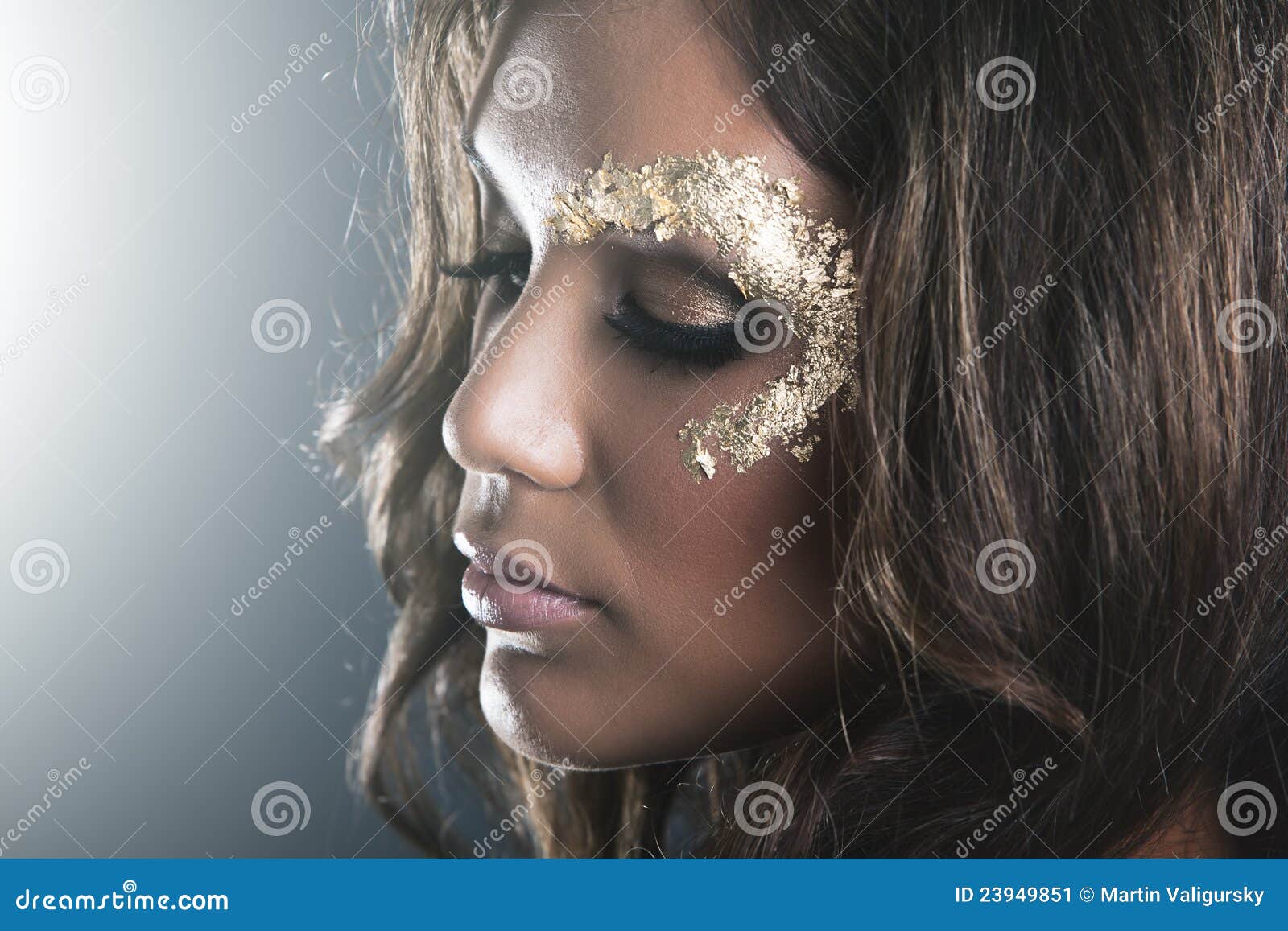 Studio Portrait with Dark Skin and Golden Makeup Stock Image Image of