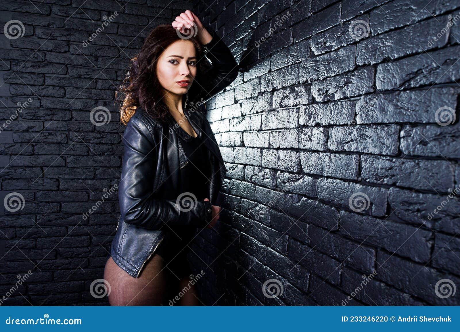 241 Model Sexy Lingerie Leather Jacket Stock Photos - Free