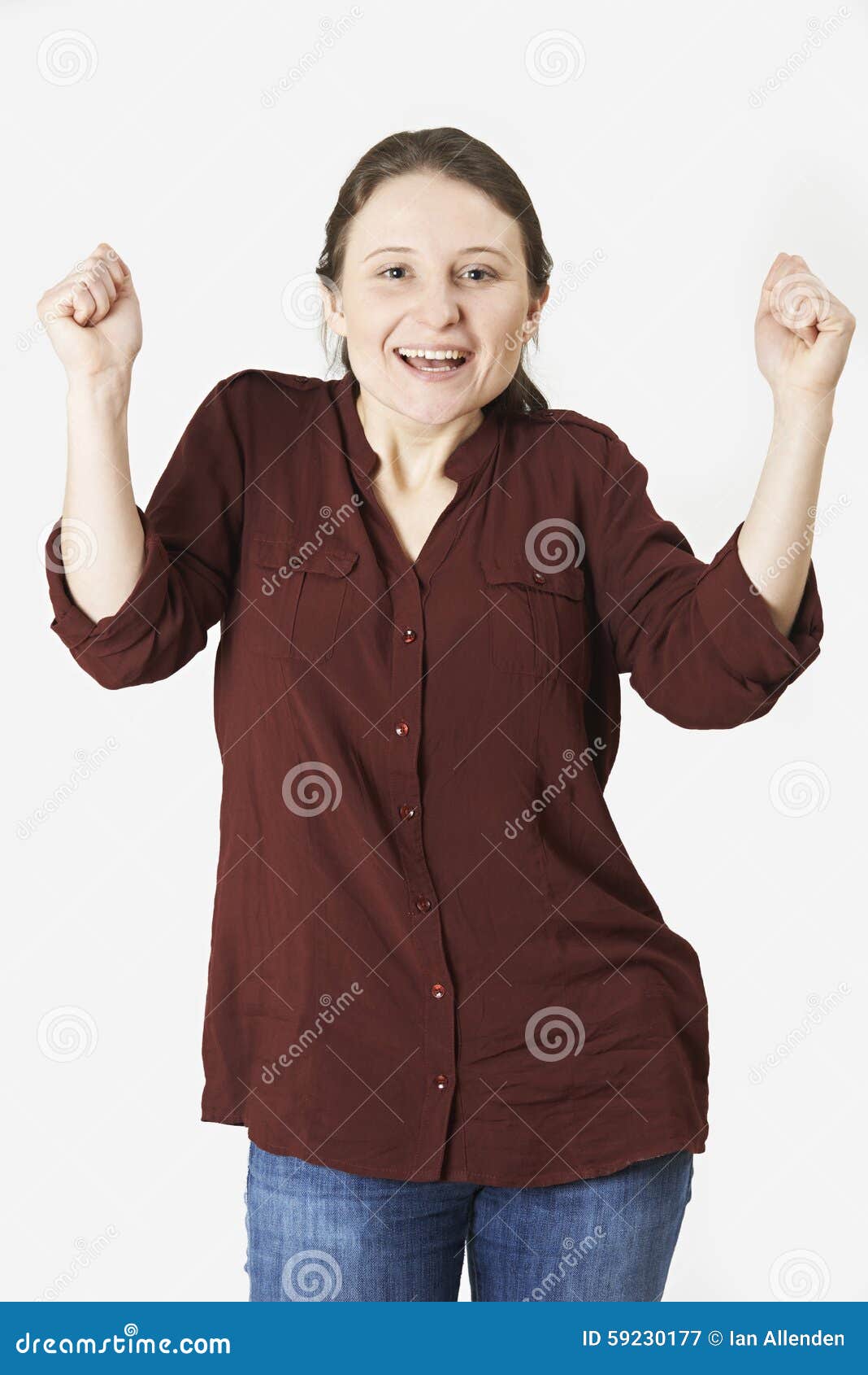 studio portrait of woman with jubilant expression