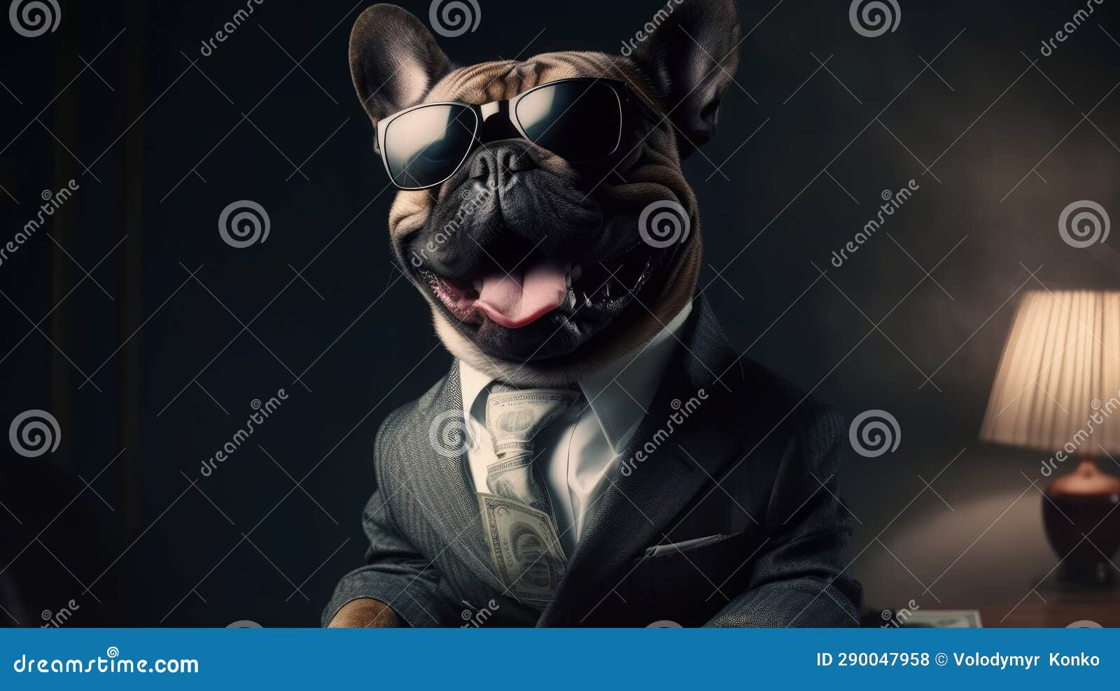 studio portrait of young happy amazed excited dog in a suit cathcing money. generative ai