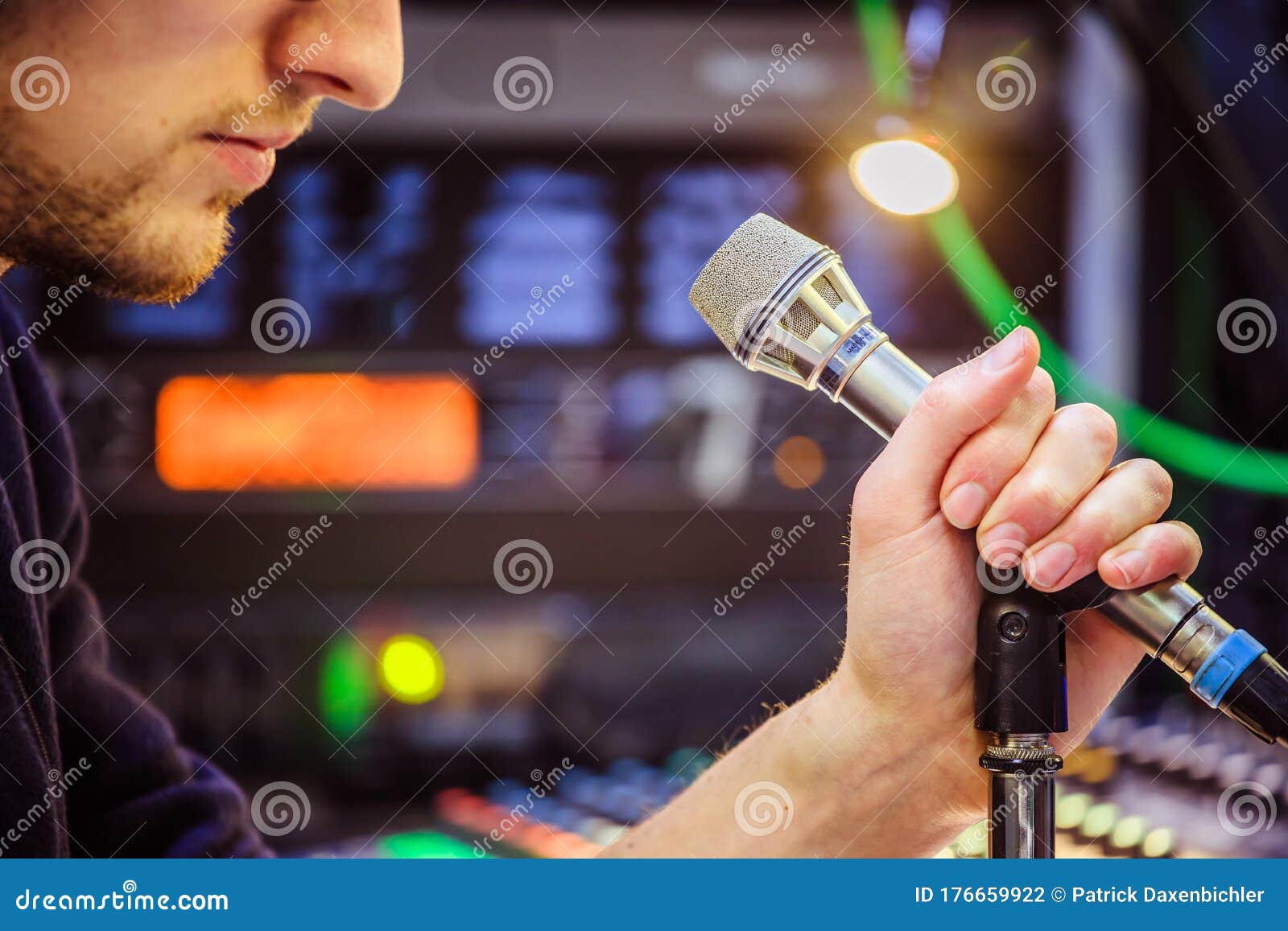 Studio Recording Young Man Speaks Into A Microphone, Studio In The