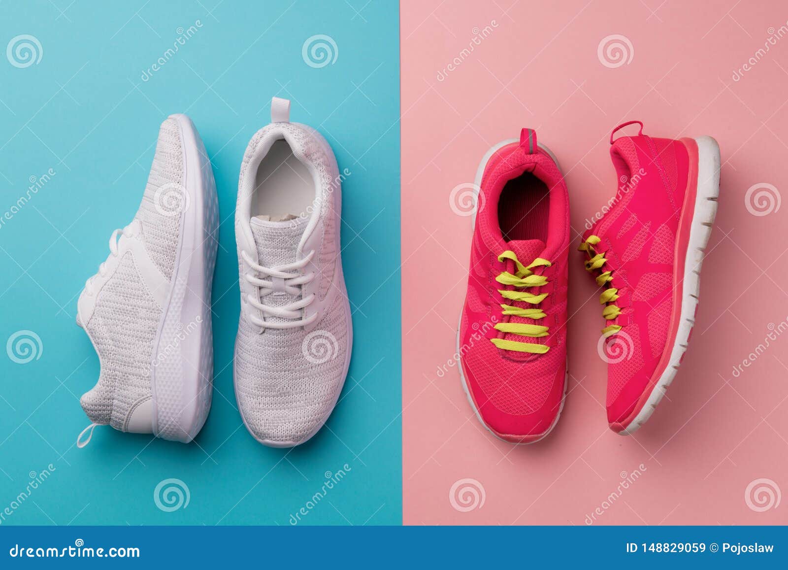 A Studio Shot of Running Shoes on Bright Color Background. Flat Lay