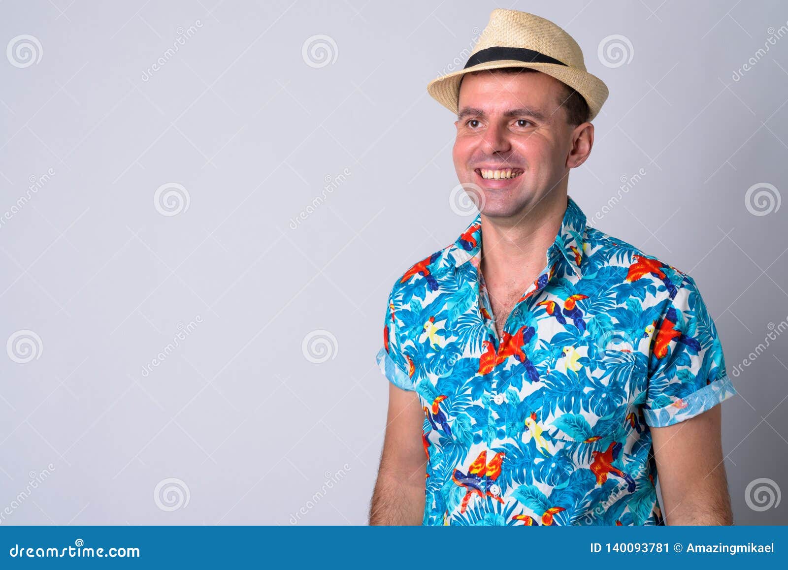 Portrait Of Happy Tourist Man Thinking Ready For Vacation Stock Image ...