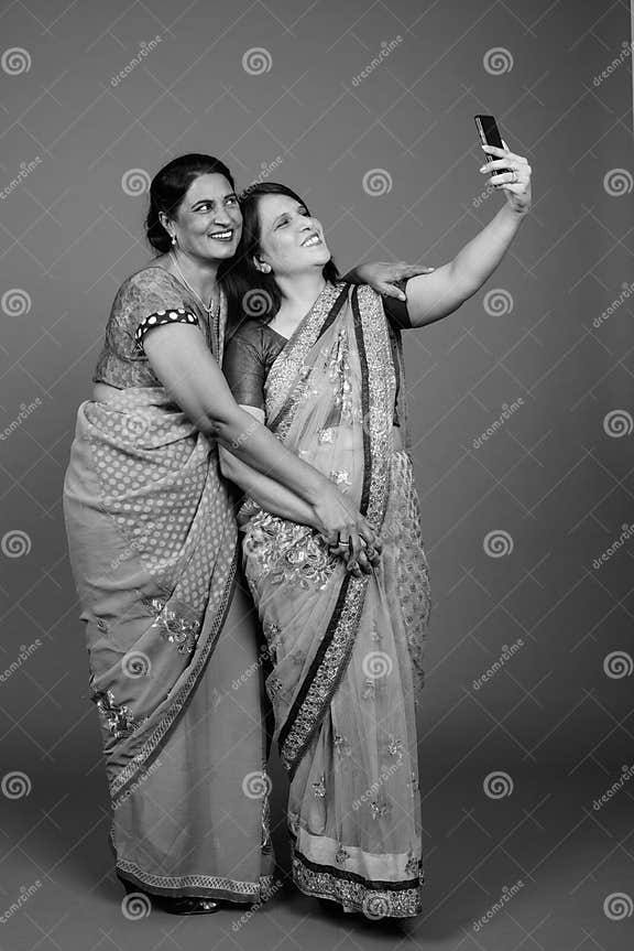 Two Mature Indian Women Wearing Sari Indian Traditional Clothes