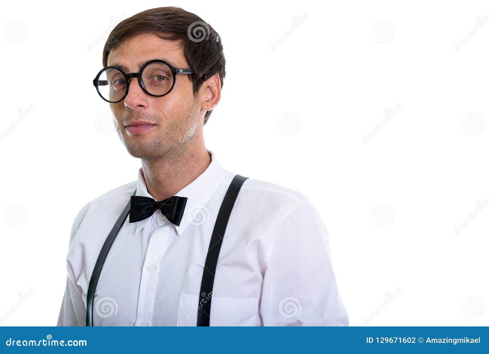 Studio Shot of Young Handsome Man Wearing Eyeglasses with Suspen Stock ...