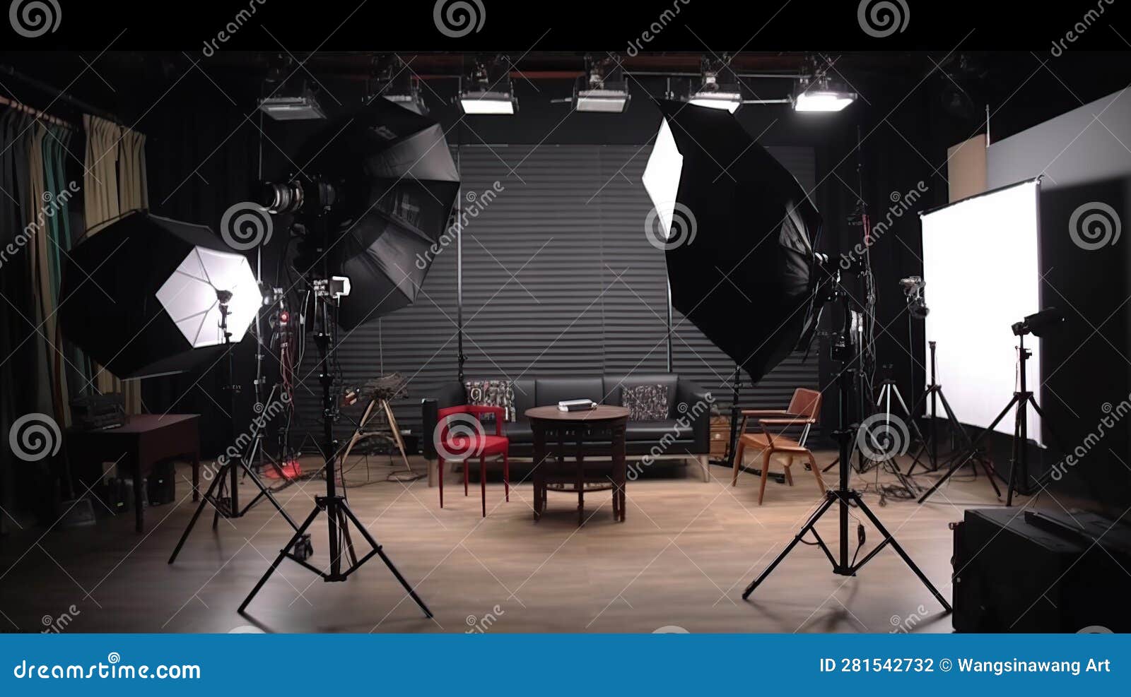 Studio Video Production Lighting Set. Generative AI Stock Illustration