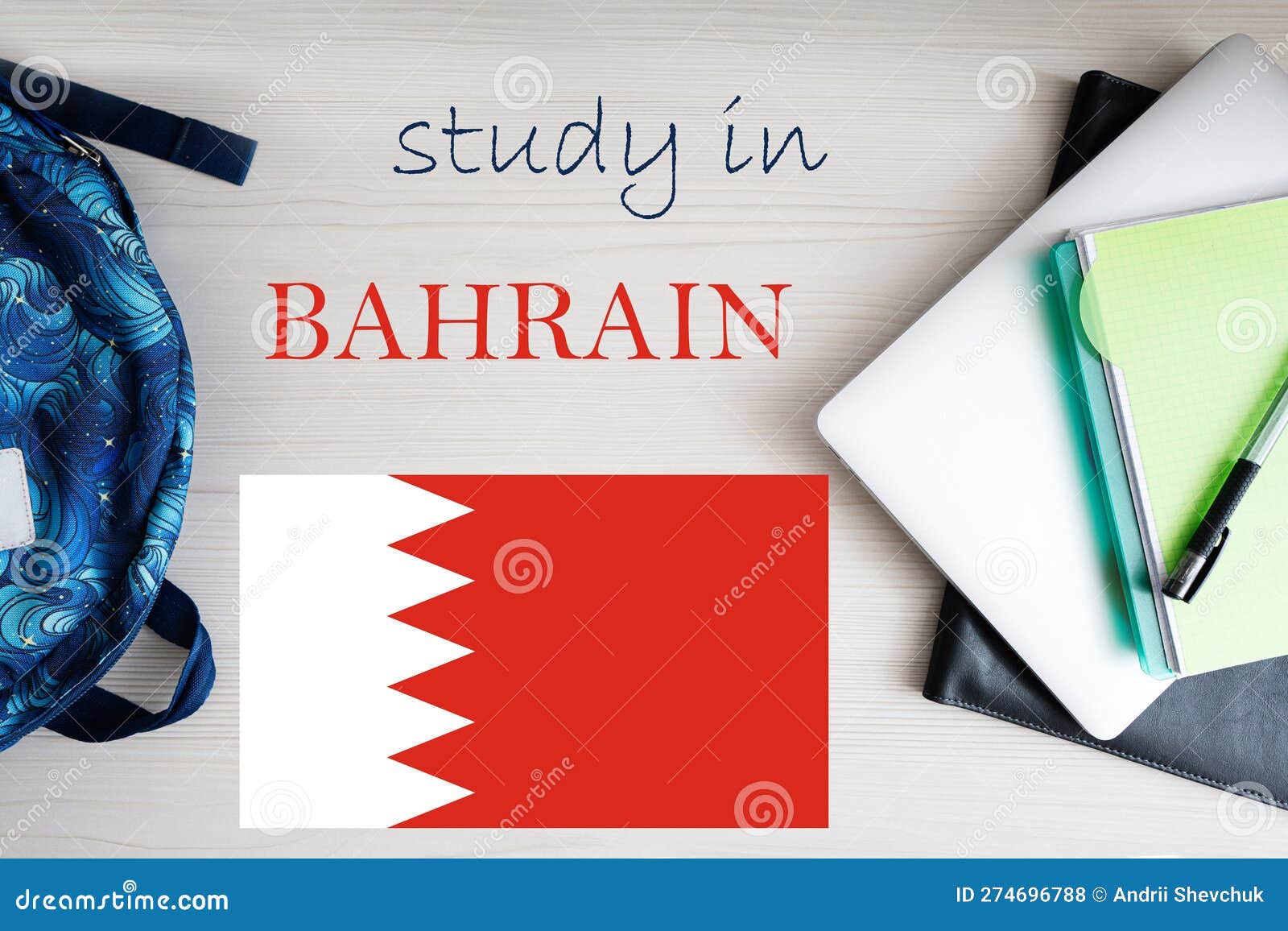 Study in Bahrain. Background with Notepad, Laptop and Backpack Stock