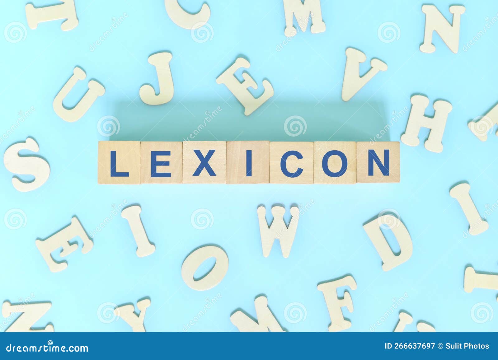 study lexicon in linguistics concept. wooden blocks word typography flat lay in blue background.