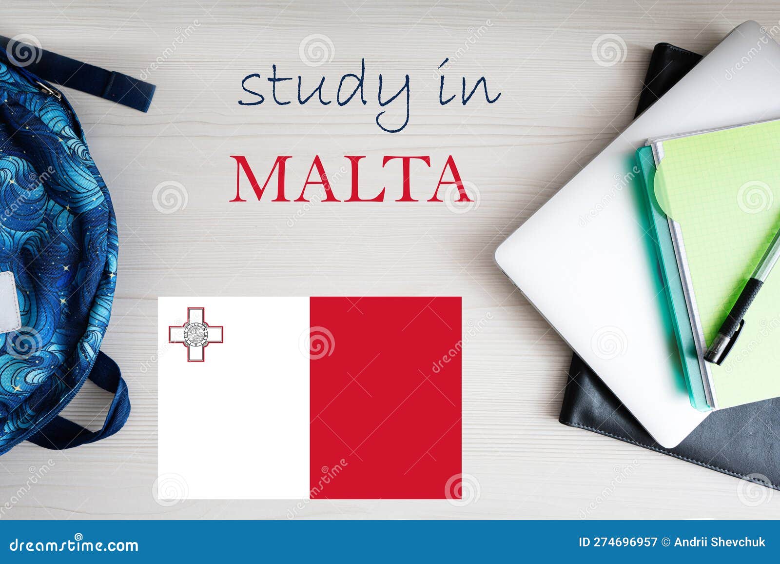 Study in Malta. Background with Notepad, Laptop and Backpack Stock
