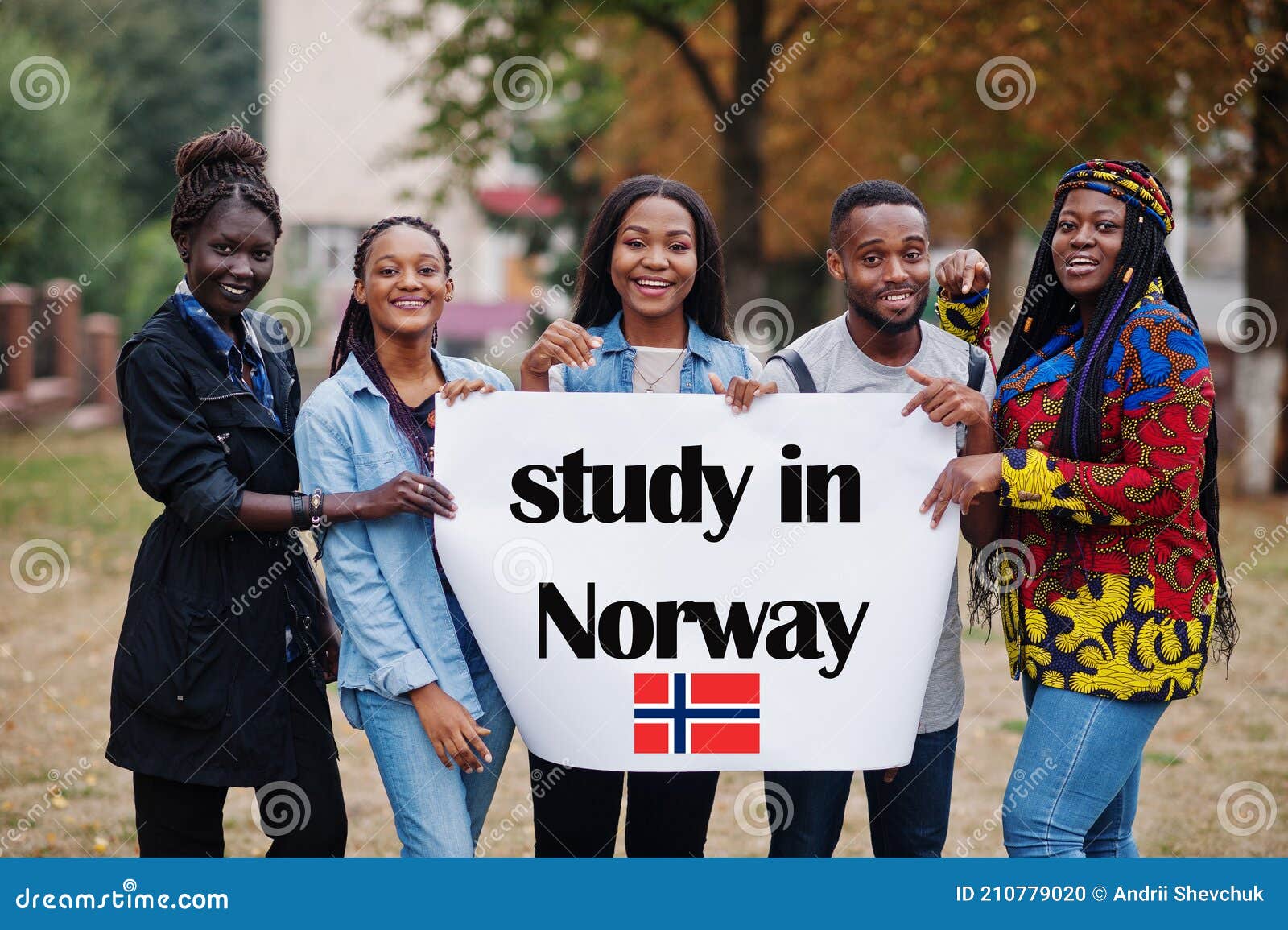 Study in Norway. Group of Five African College Students on Campus at