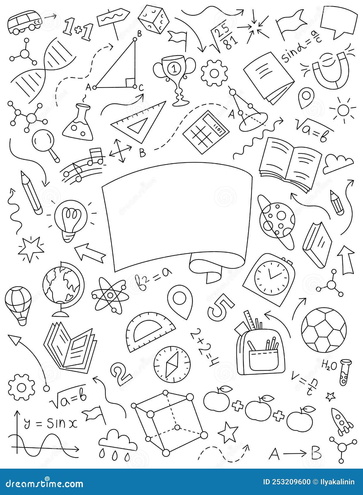 School Yearbook Cover. Sketch Doodle Background. Hand Drawn Vector Line. Editable Stroke Size
